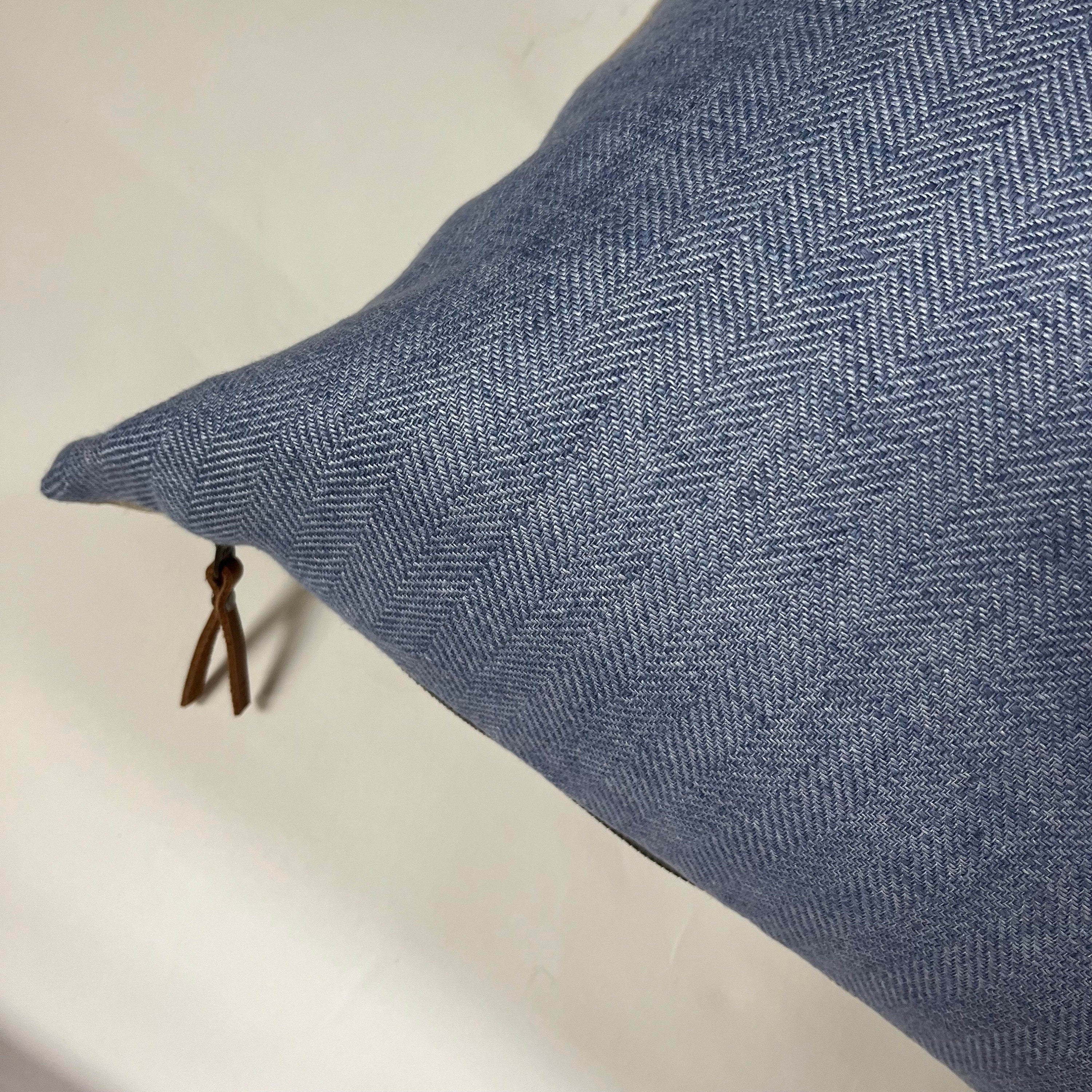 Handcrafted Blue Linen Pillow Cover: Exposed Zipper, Leather Pull