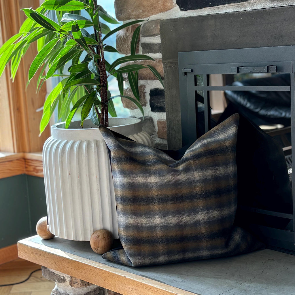 Wool Pillow Cover: Blue and tans Plaid Throw Pillow with Leather Pull