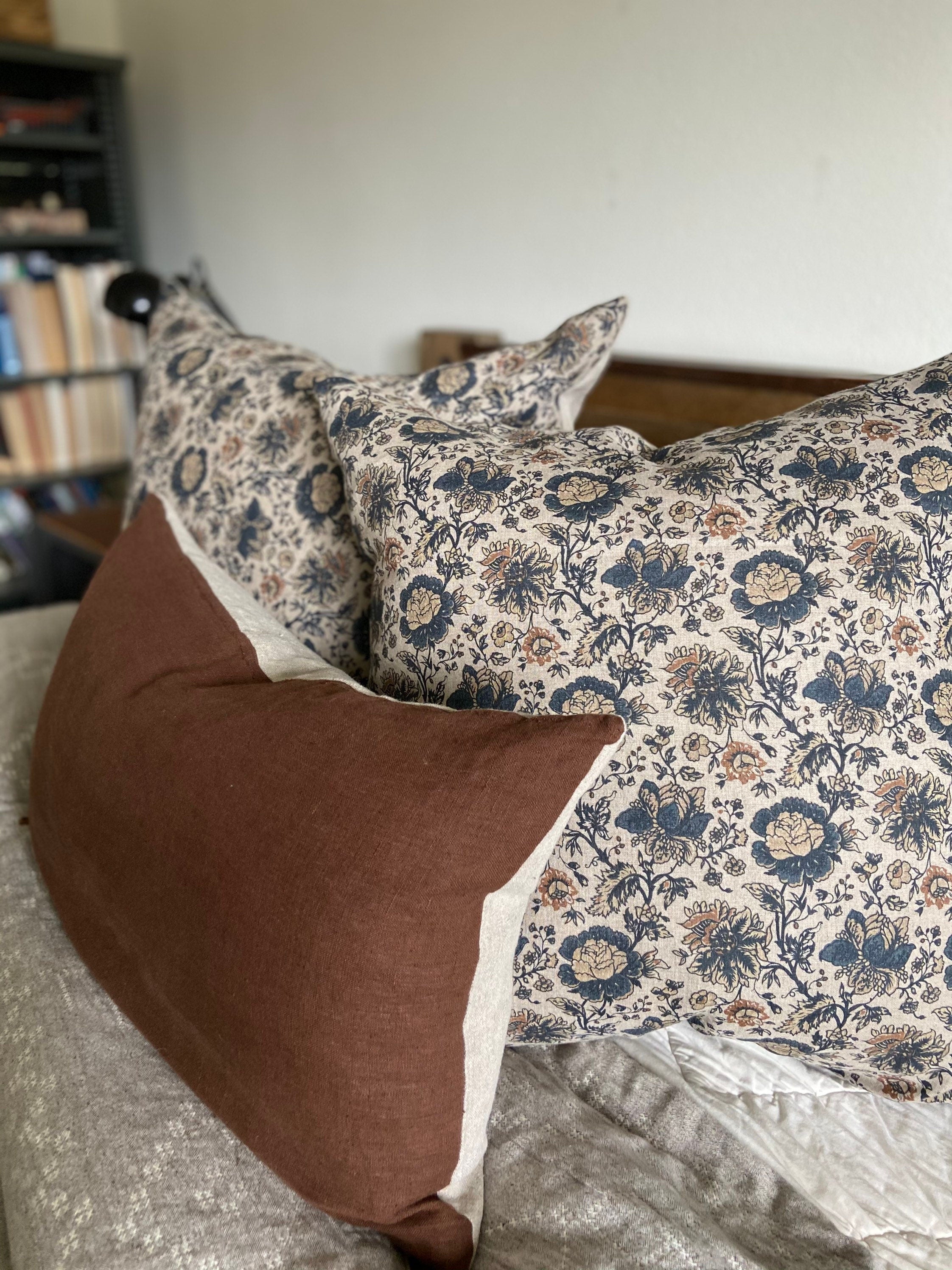 White and navy checked linen pillow cover white linen exposed zipper 18”20”22” 24” 24x24 housewarming gift 100% linen