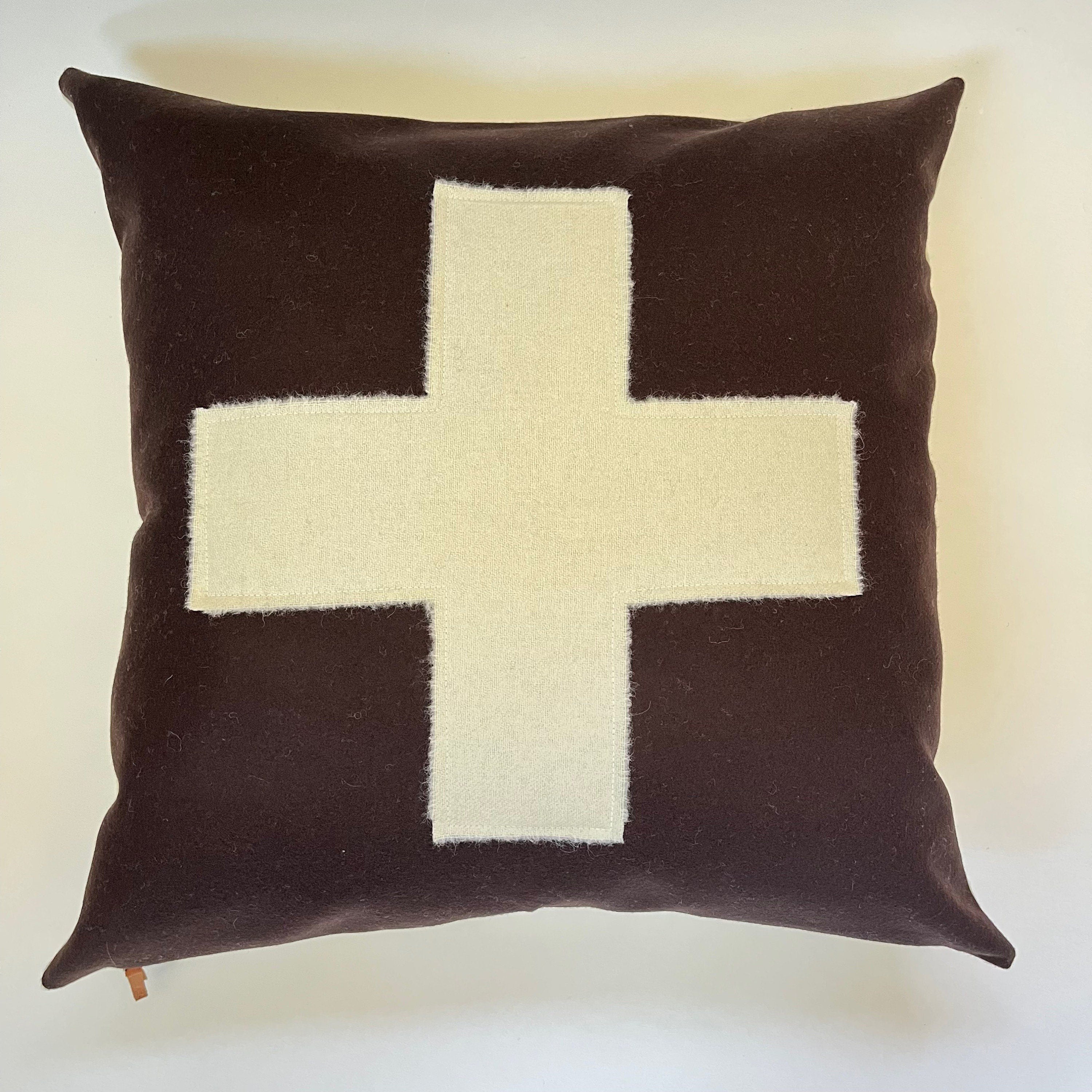 Swisscross wool pillow cover chocolate brown with cream swisscross exposed zipper-leather pull 20x20 or 24x14 handmade
