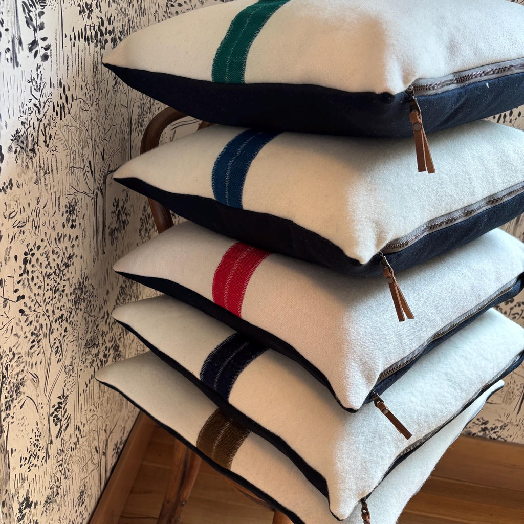 Cream & Blue Stripe wool pillow cover, Leather Zipper Pull (18x18)