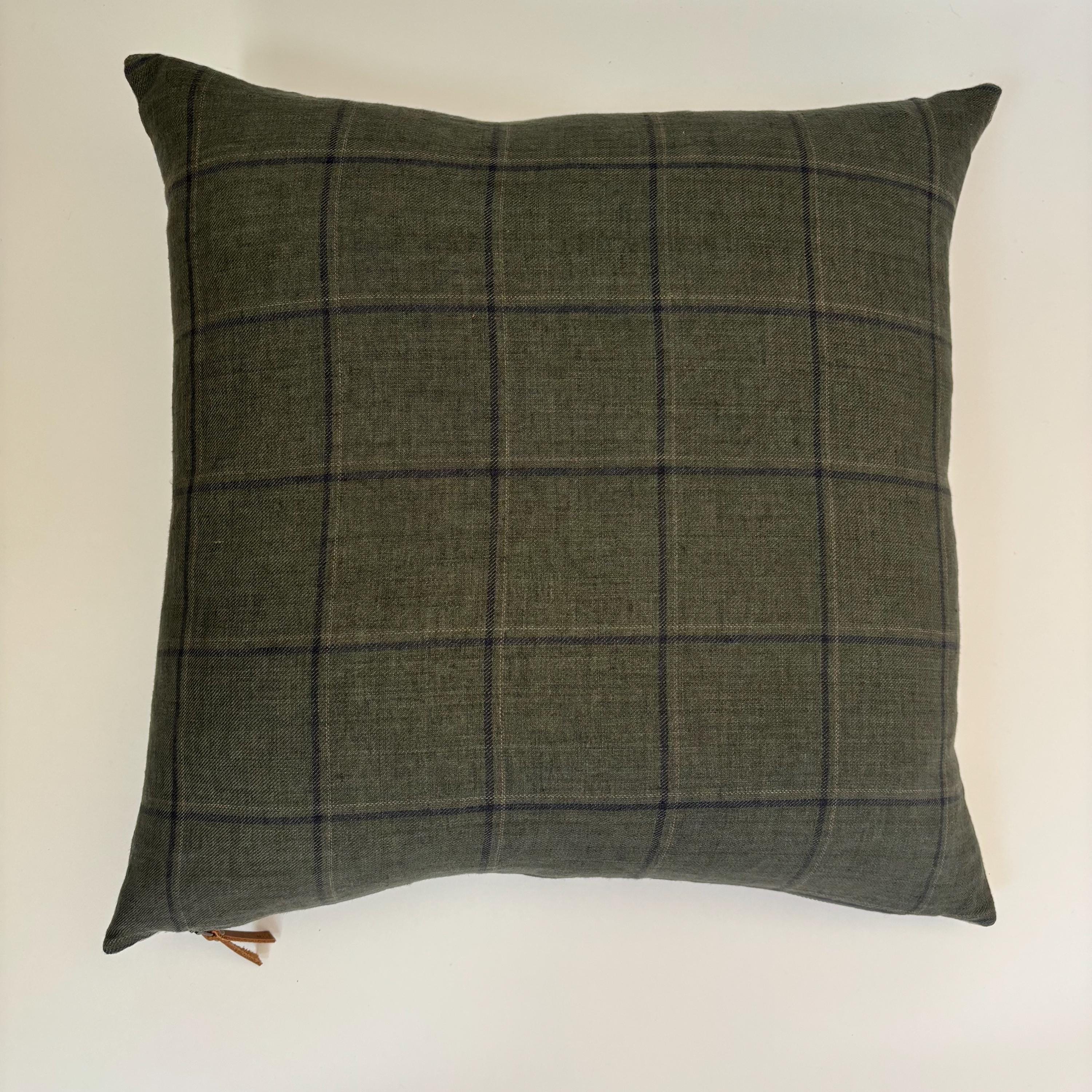 Plaid Linen Pillow Cover: Green and dark checked with Leather Zipper Pull housewarming gift 18”20”22”24” 100 percent linen