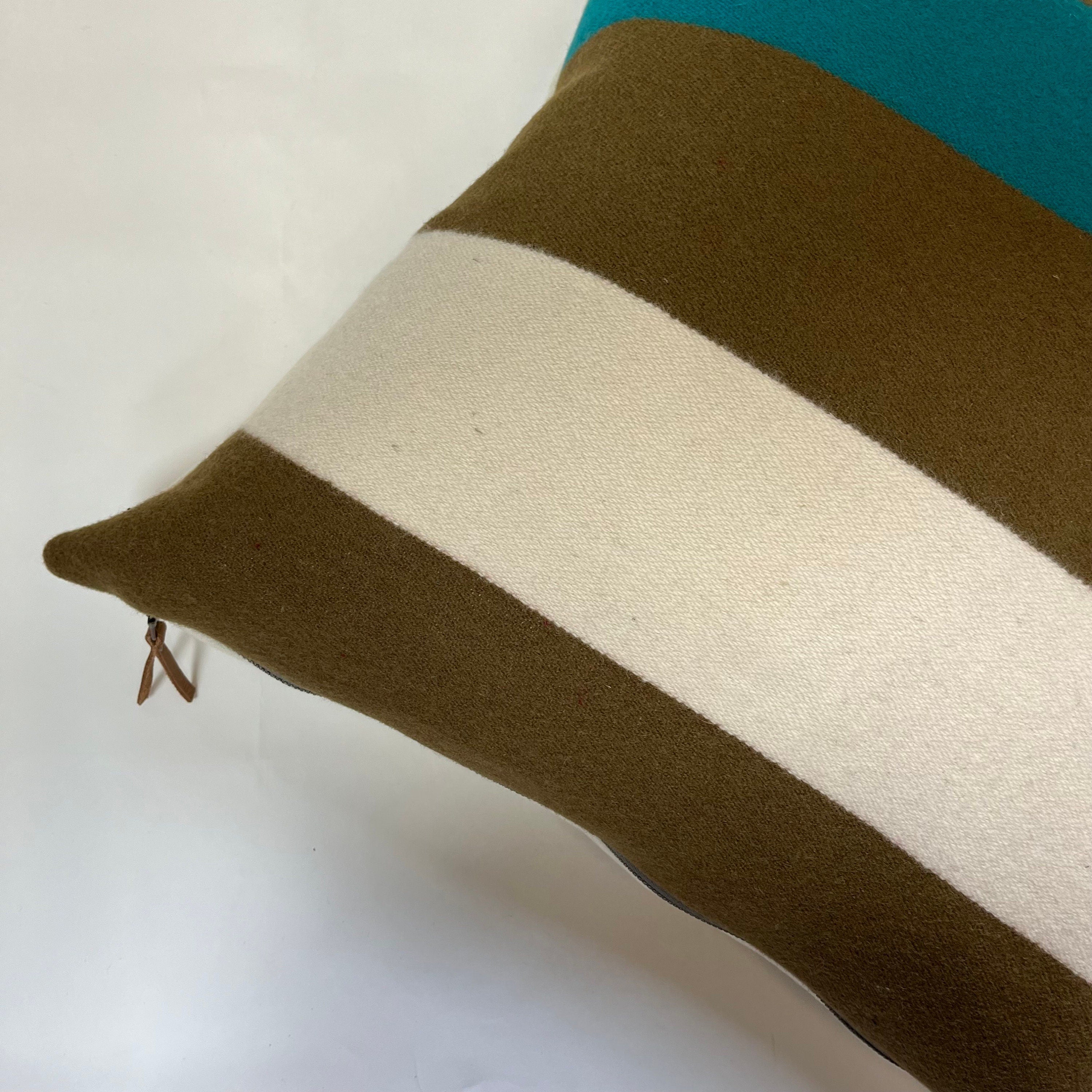 Wool Pillow Cover: Striped Olive Green, Cream and Turquoise 18”