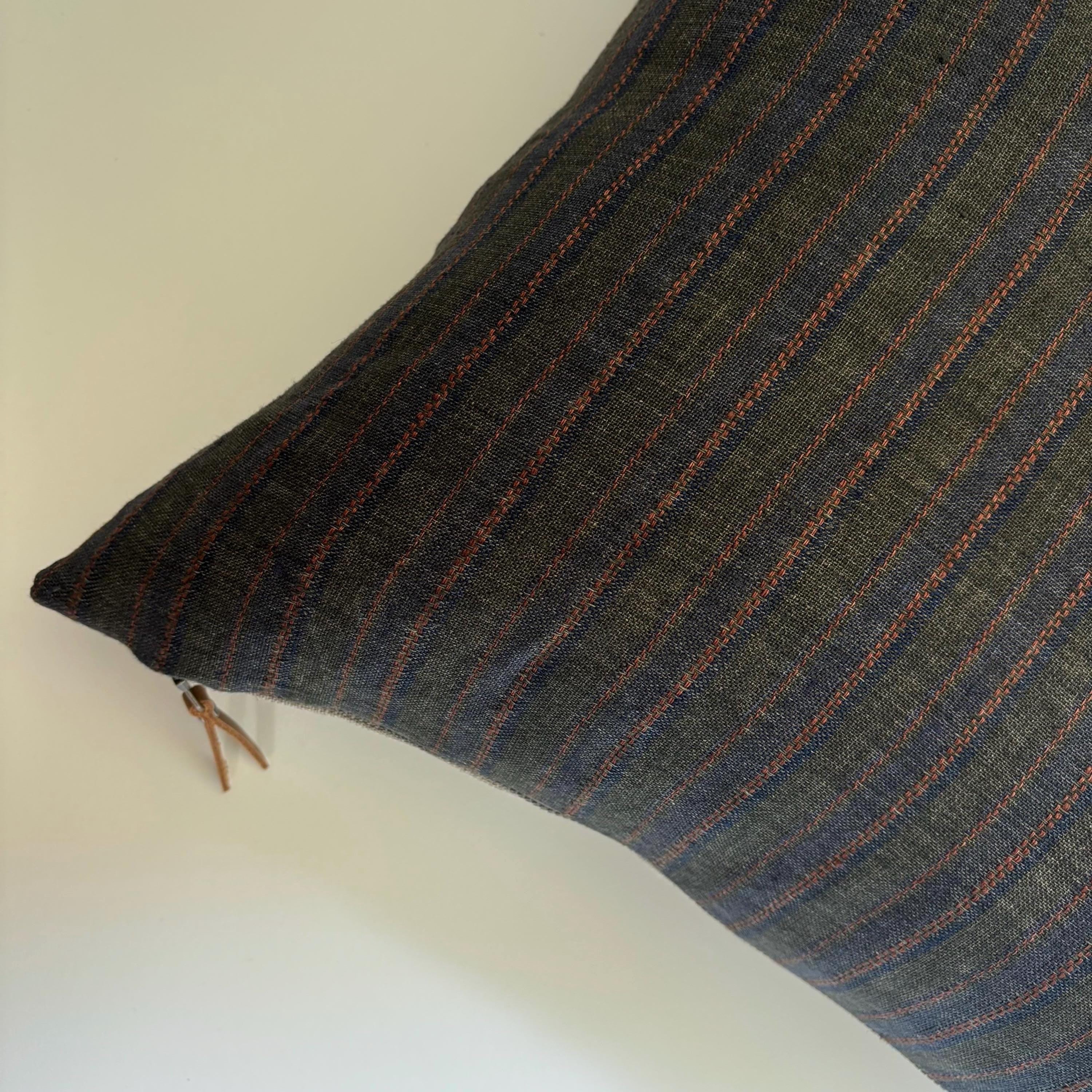 Striped Linen Pillow Cover: Green and blue with Leather Zipper Pull housewarming gift 18”20”22”24” 100 percent linen