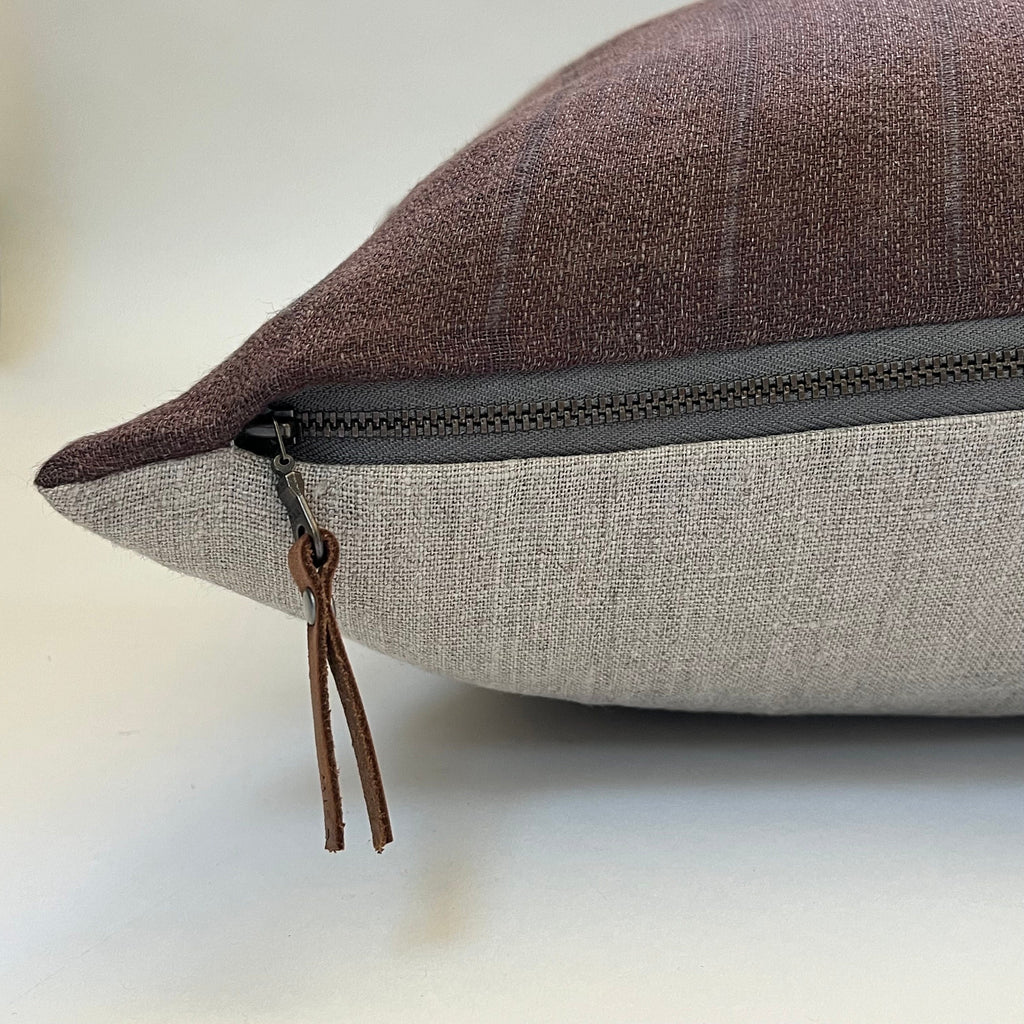 Brown striped linen pillow cover with neutral linen backing exposed zipper 18” 20”22”24”housewarming gift handcrafted by misa 100% linen