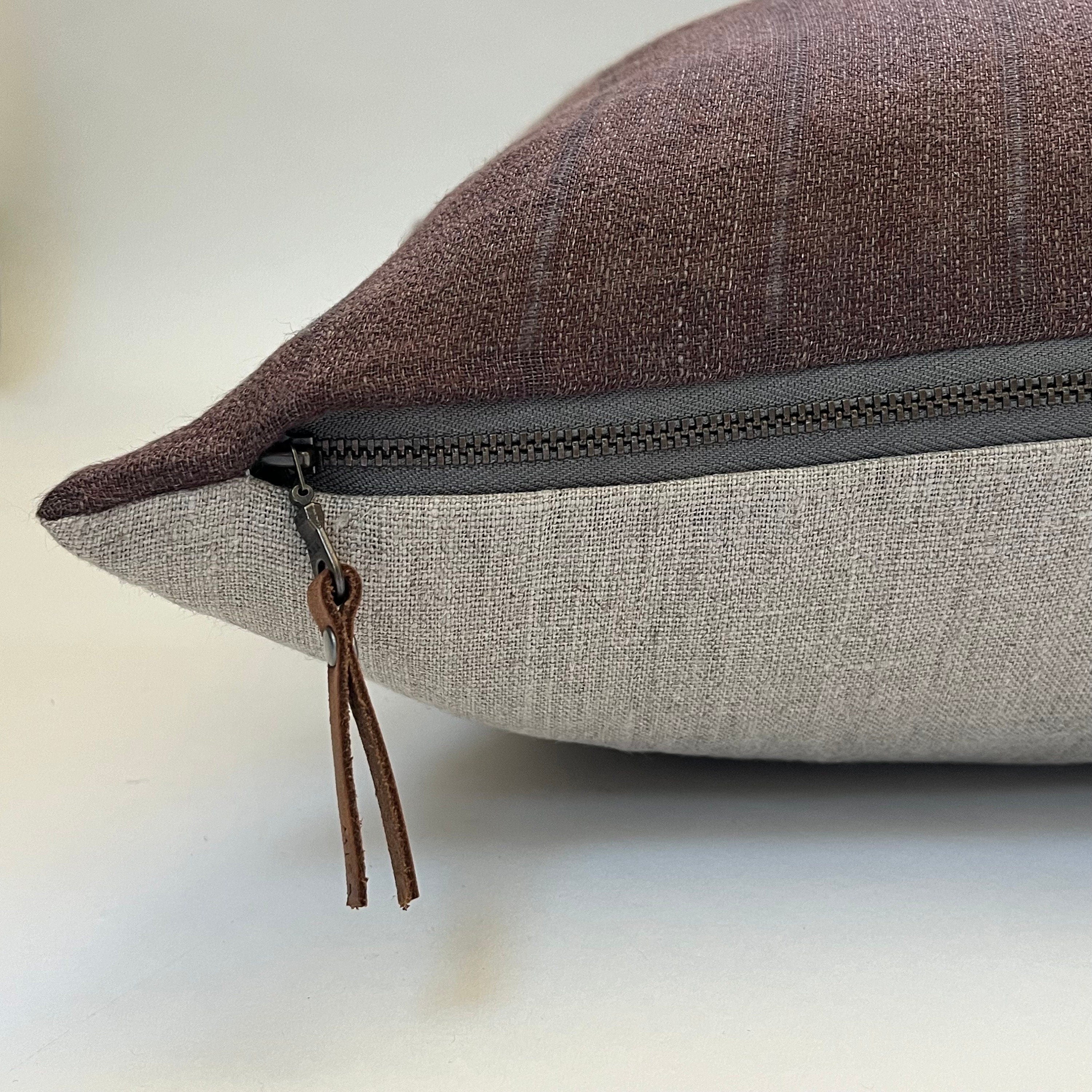Brown striped linen pillow cover with neutral linen backing exposed zipper 18” 20”22”24”housewarming gift handcrafted by misa 100% linen