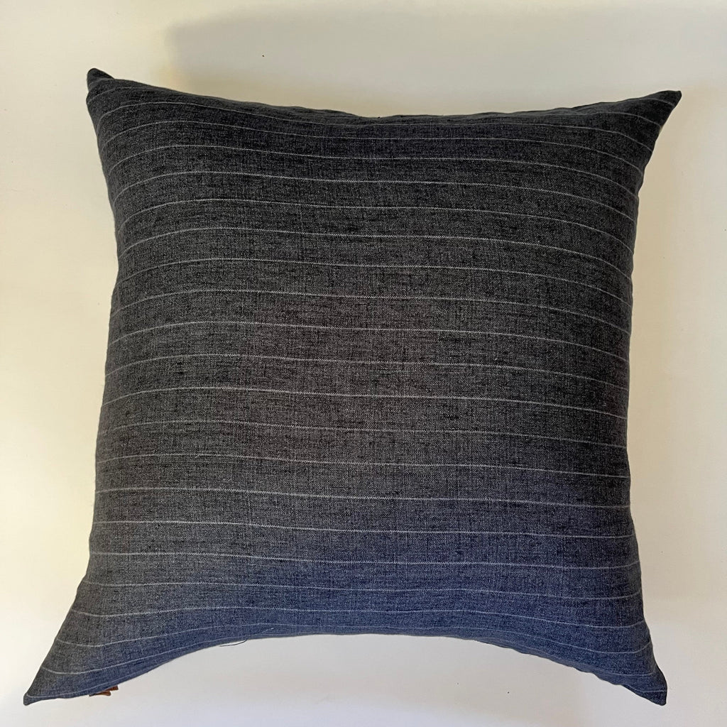 Dark gray striped linen pillow cover exposed zipper-leather pull  14x24 20x20 24x24 high quality 100% linen housewarming gift