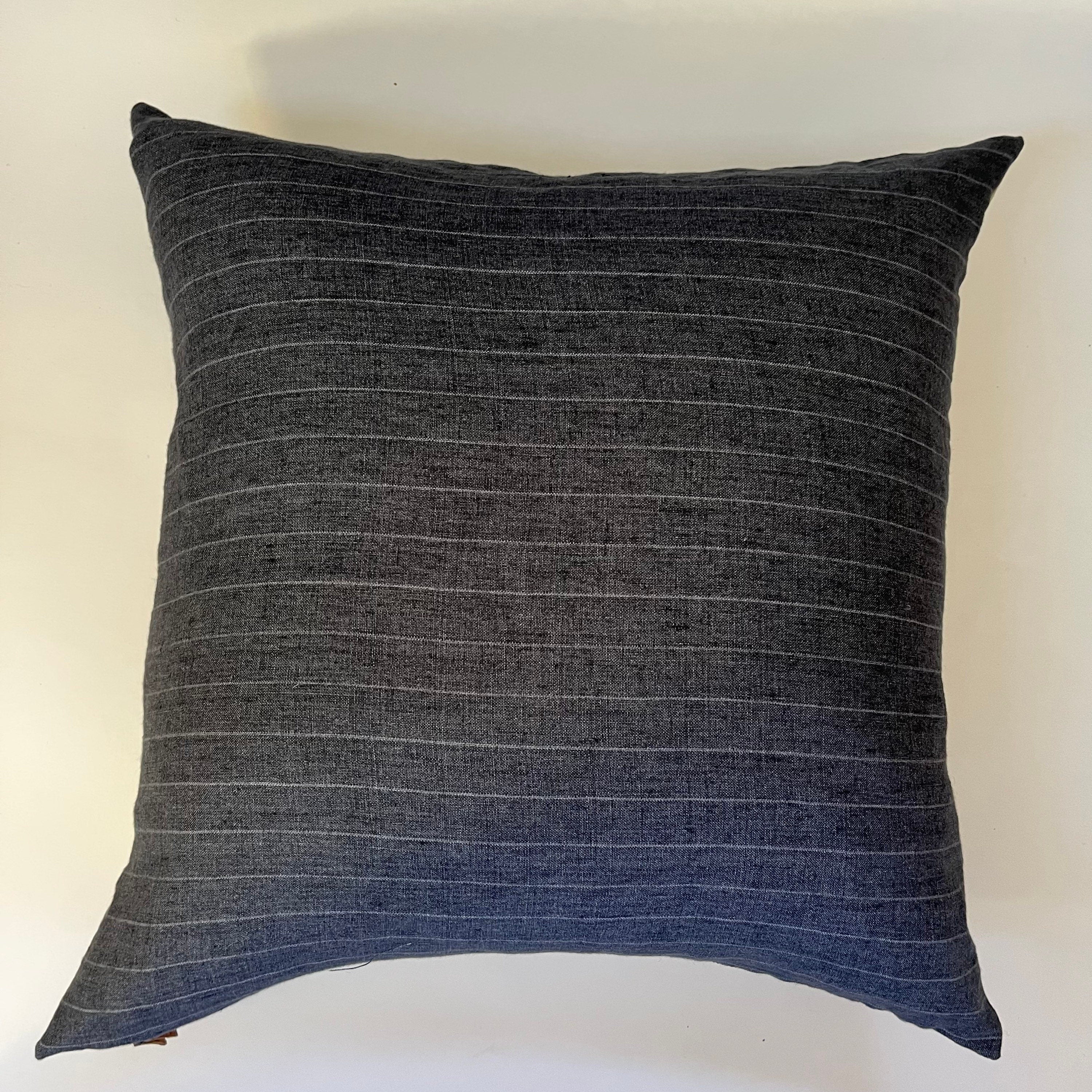 Dark gray striped linen pillow cover exposed zipper-leather pull  14x24 20x20 24x24 high quality 100% linen housewarming gift
