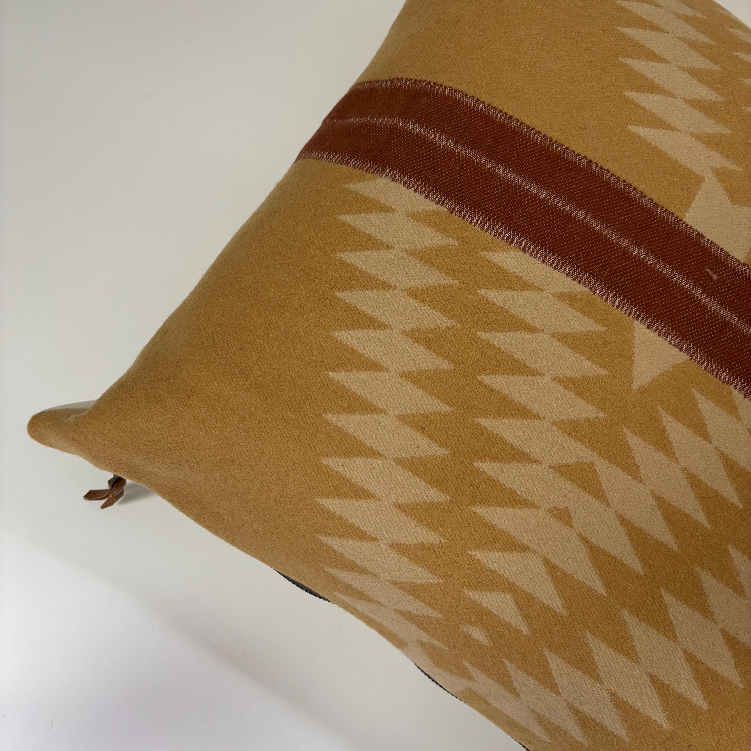 Wool Pillow Cover: Aztec Southwestern Design, Rust and yellow Leather Pull (18x18”)
