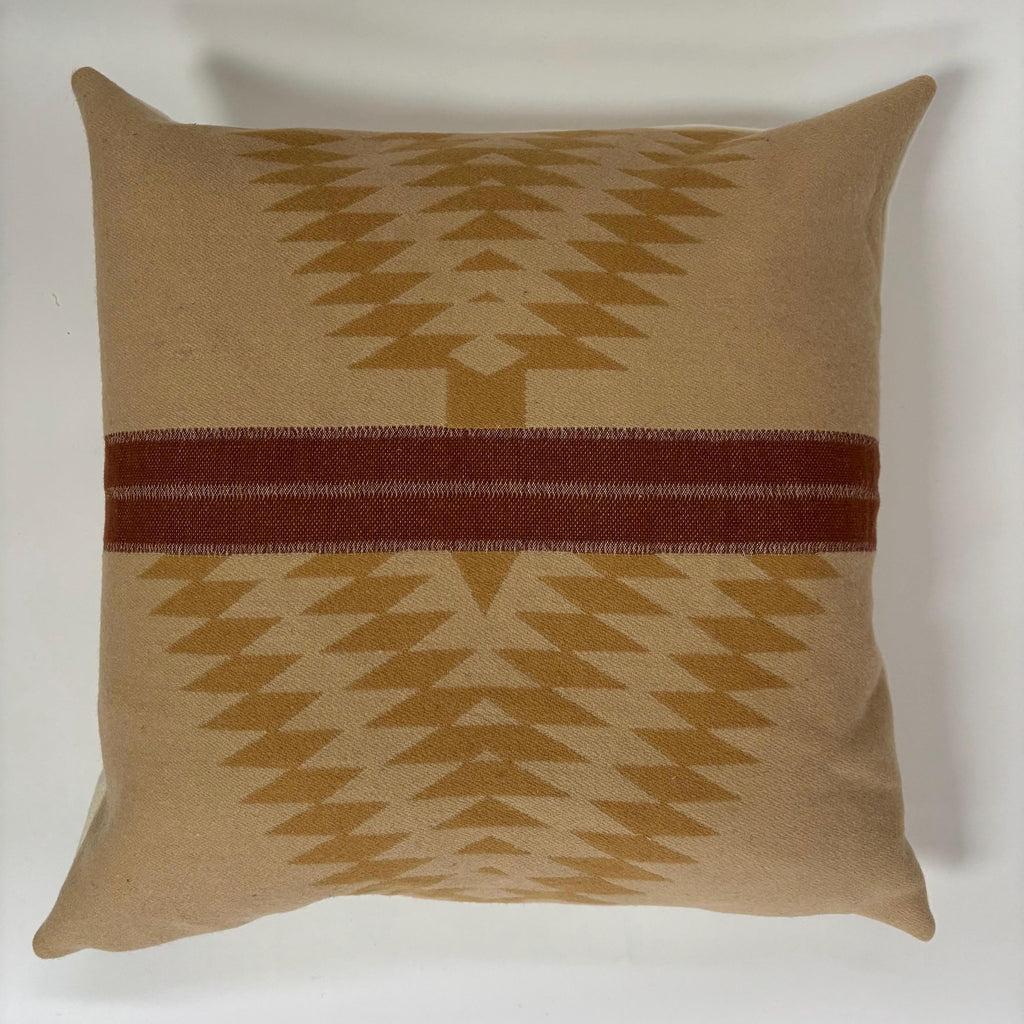 Wool Pillow Cover: Aztec Southwestern Design Golds and Rust with Leather Pull (18x18”)