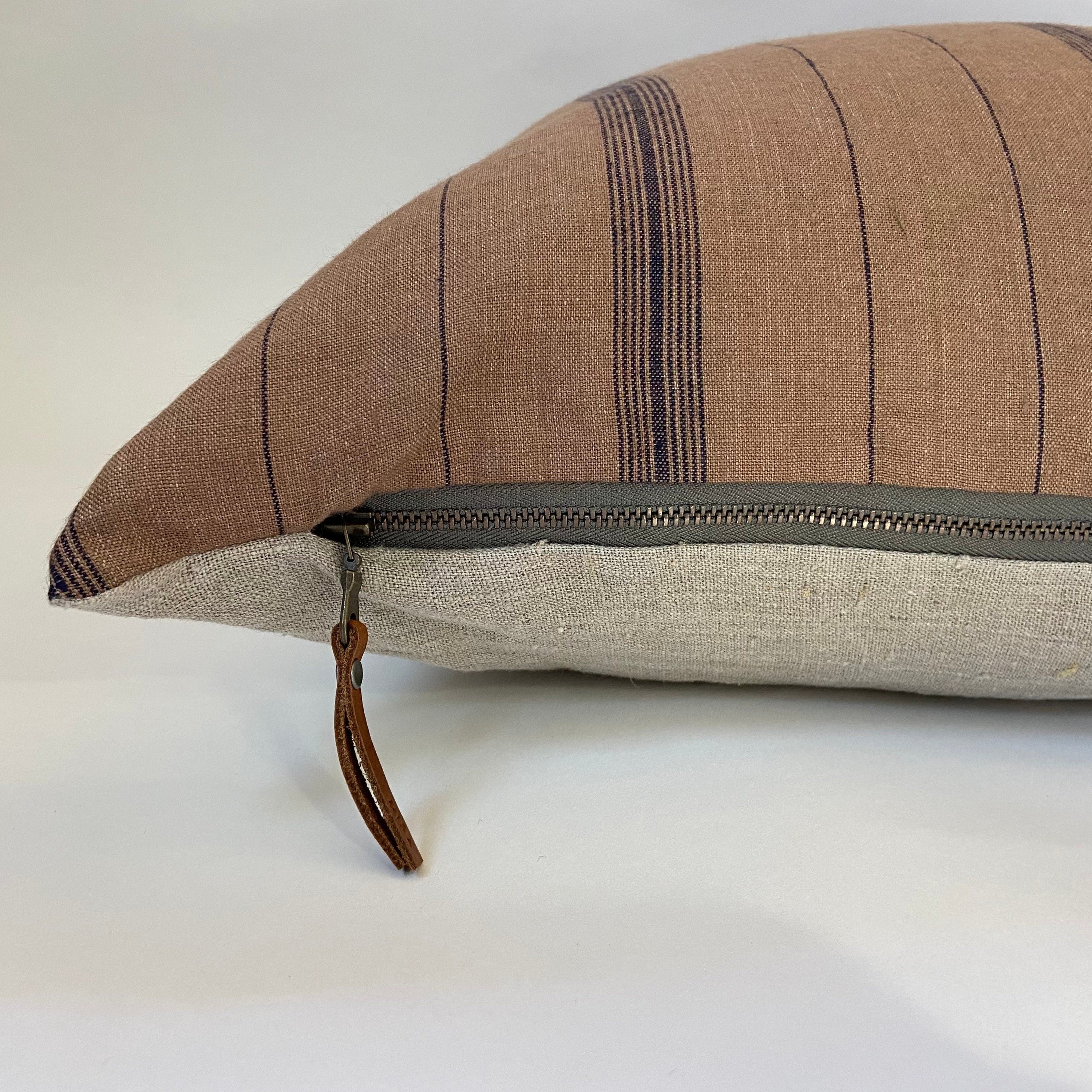 Striped Linen Pillow Cover: Navy Blue and Brown with Leather Pull