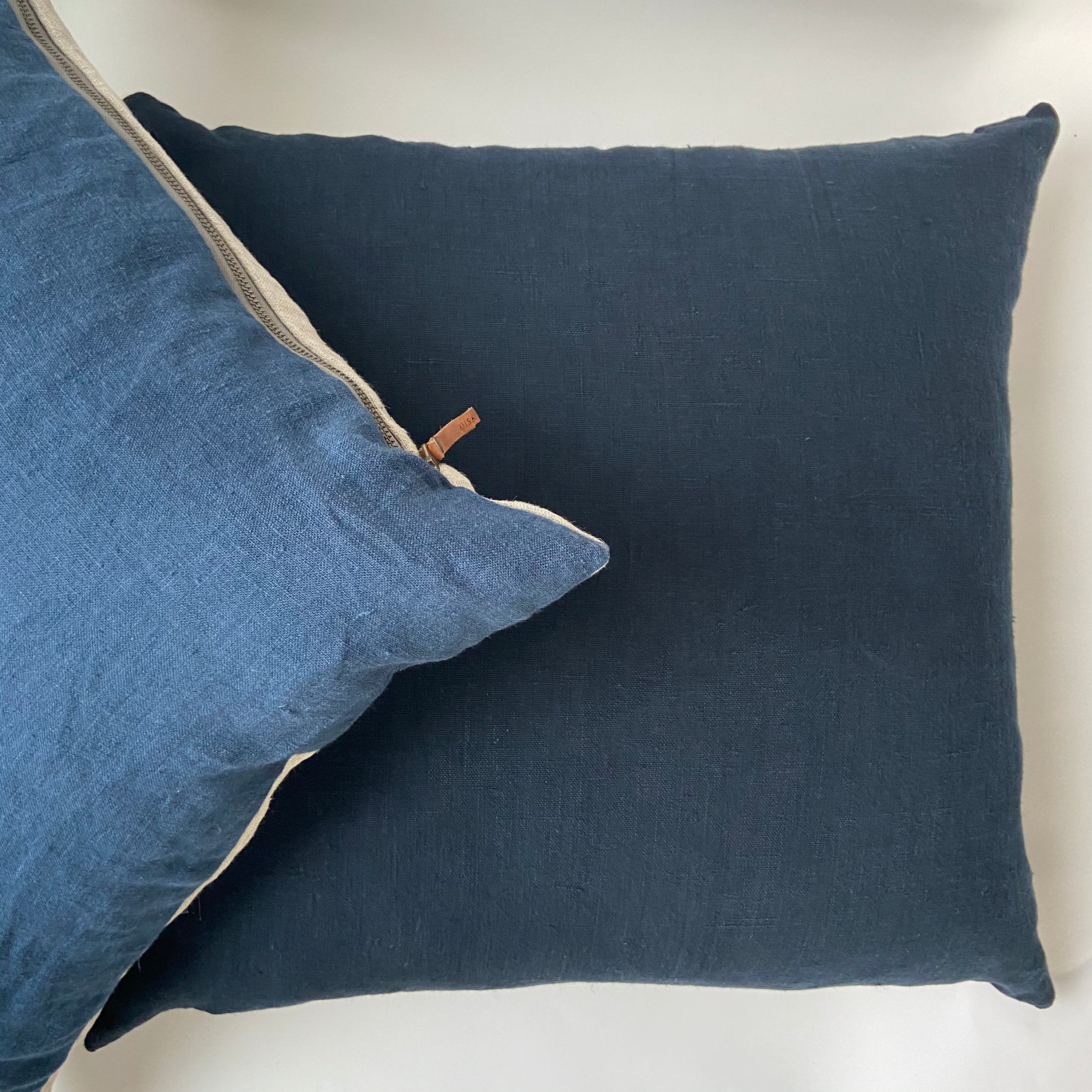 Navy blue linen pillow cover exposed zipper-leather pull 20x20”22x22"14x24 24x24 high quality neutral 100% Linen backing handcrafted by misa