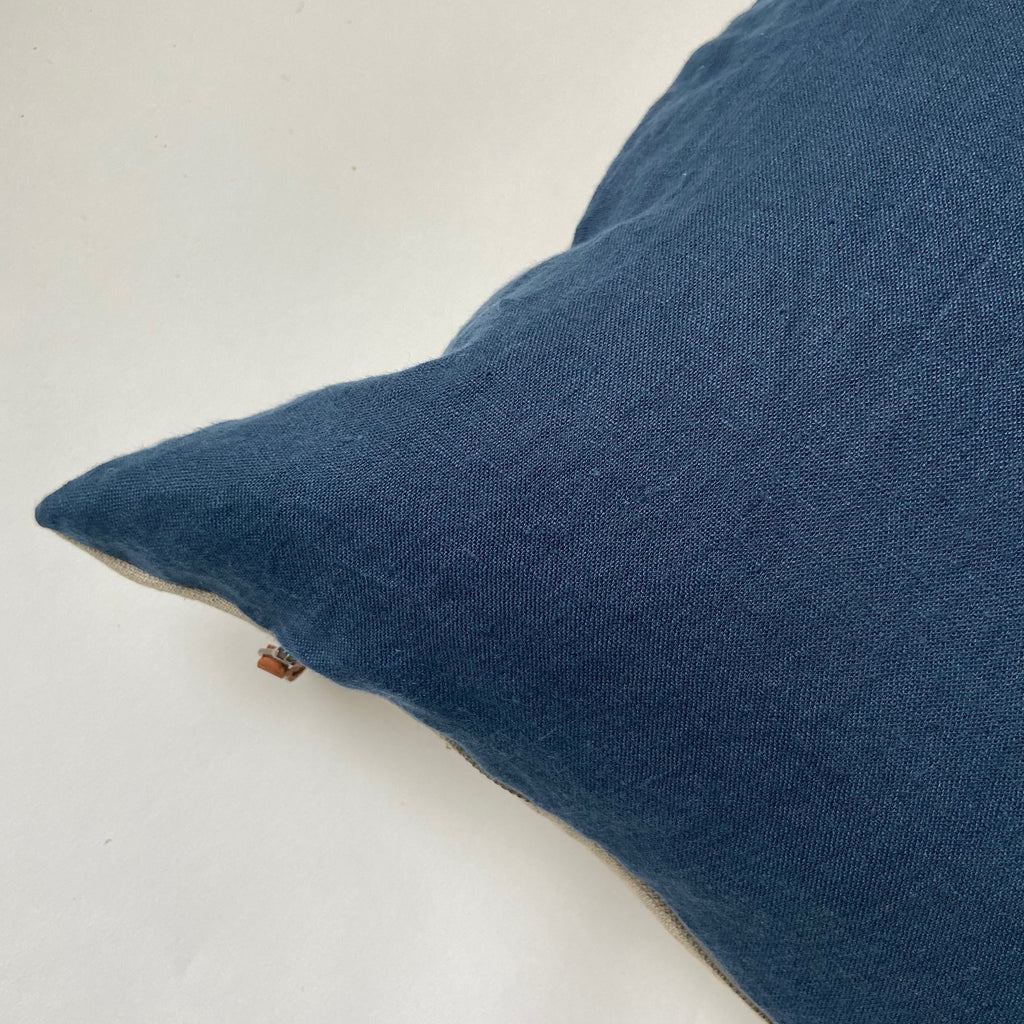 blue linen pillow cover cobalt pillow exposed zipper-leather pull 20”22” 24”14x24  high quality neutral Linen backing housewarming gift
