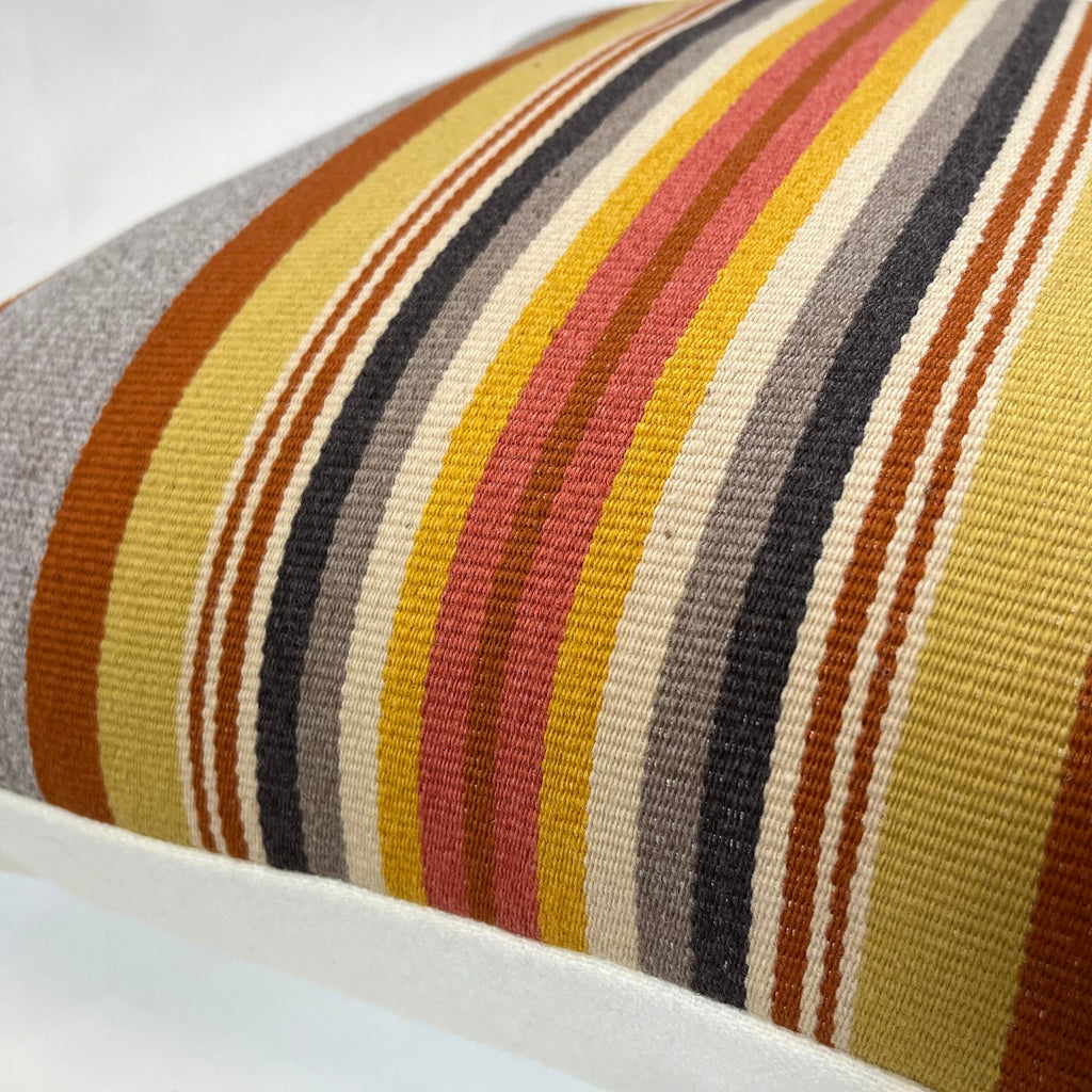 Striped Wool Pillow Cover: Orange and Summer Colors, Leather Pull