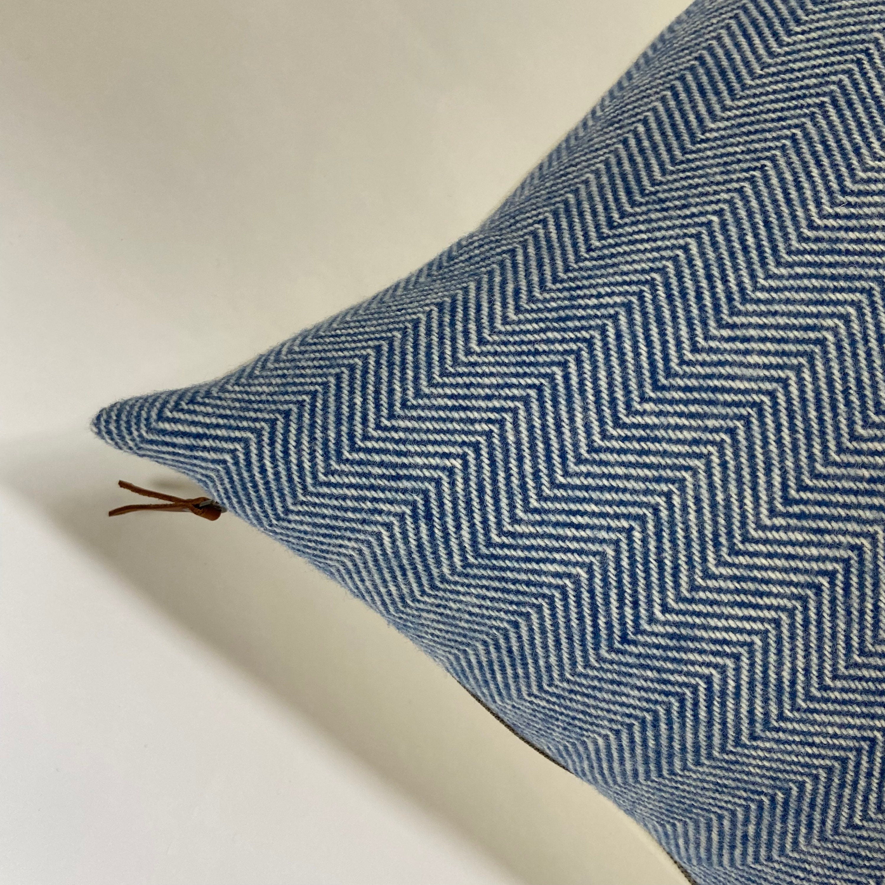 Blue and cream herringbone wool pillow cover exposed zipper-leather pull 18”20"24"14x24 handmade