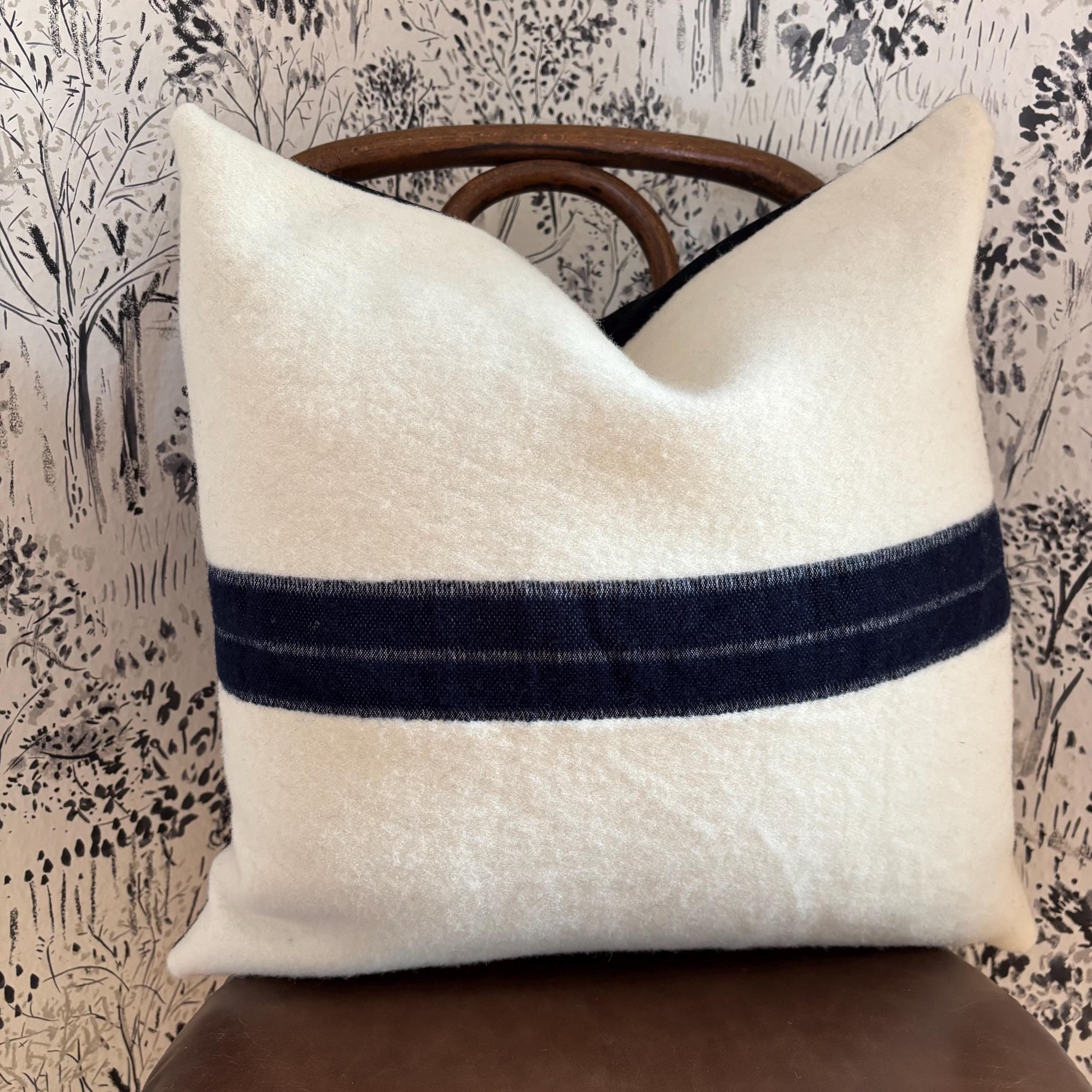 Cream & Blue Stripe wool pillow cover, Leather Zipper Pull (18x18)