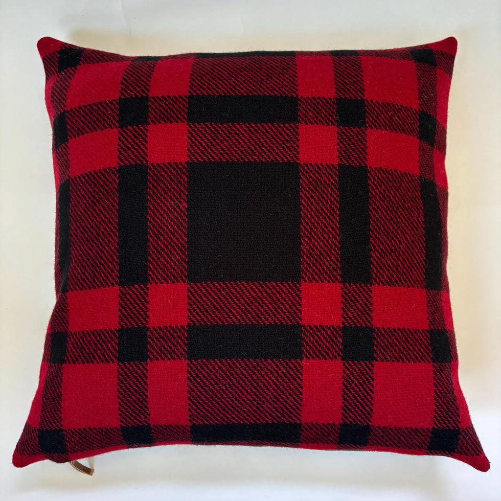 Wool Pillow Cover: Red Black Buffalo Plaid with Leather Pull