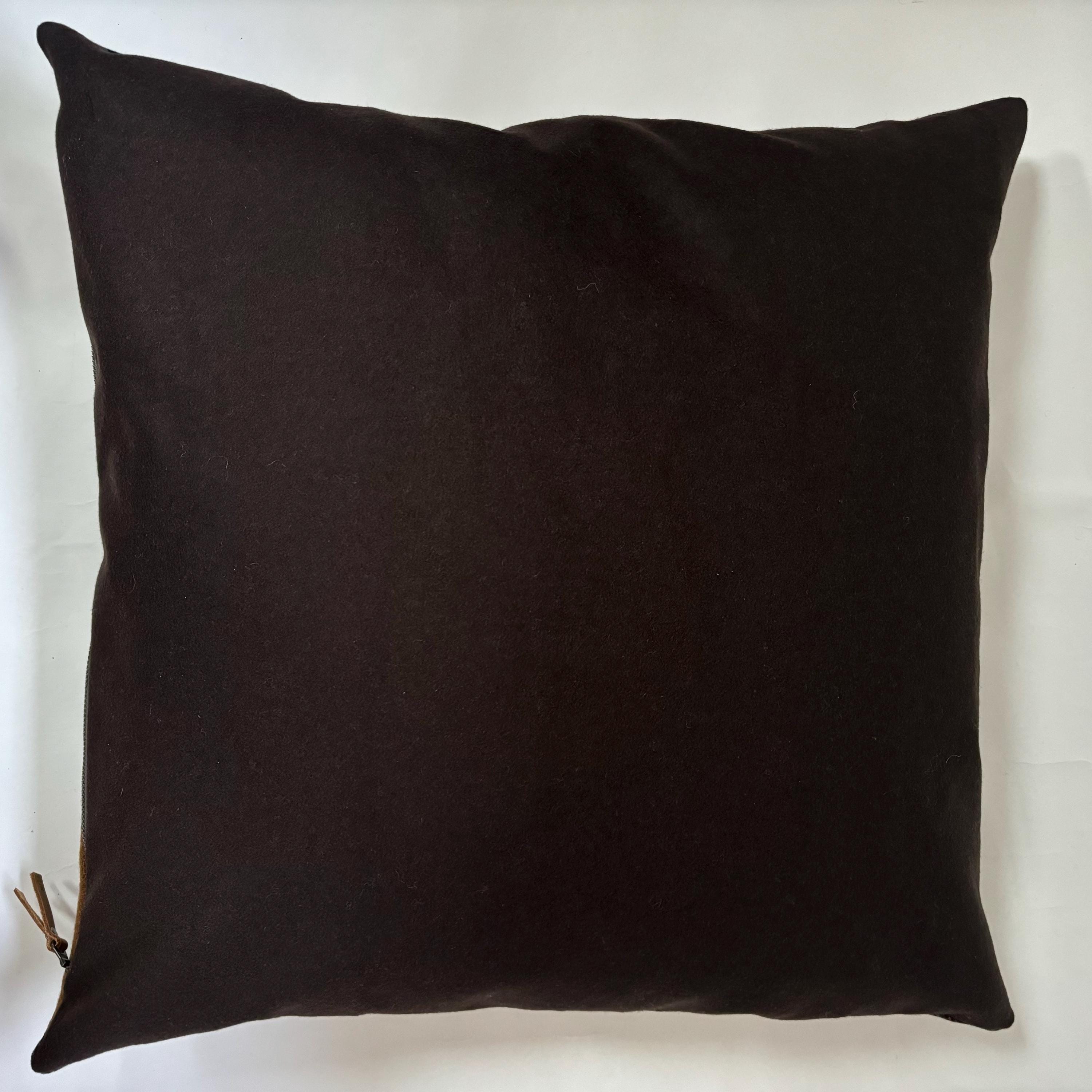 Wool Pillow Cover: Brown Blue Plaid with Leather Zipper Pull