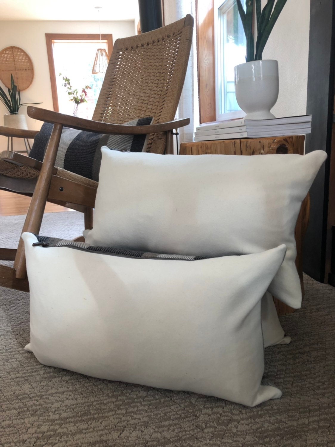 striped wool brown gray tan striped wool pillow cover exposed zipper-leather pull 14x24" 20"22"24"   handcrafted by misa