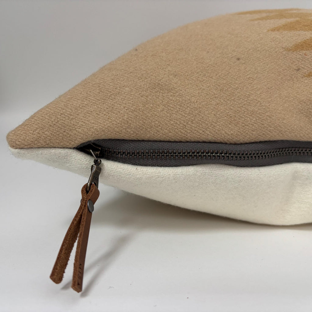 Wool Pillow Cover: Aztec Southwestern Design Golds and Rust with Leather Pull (18x18”)