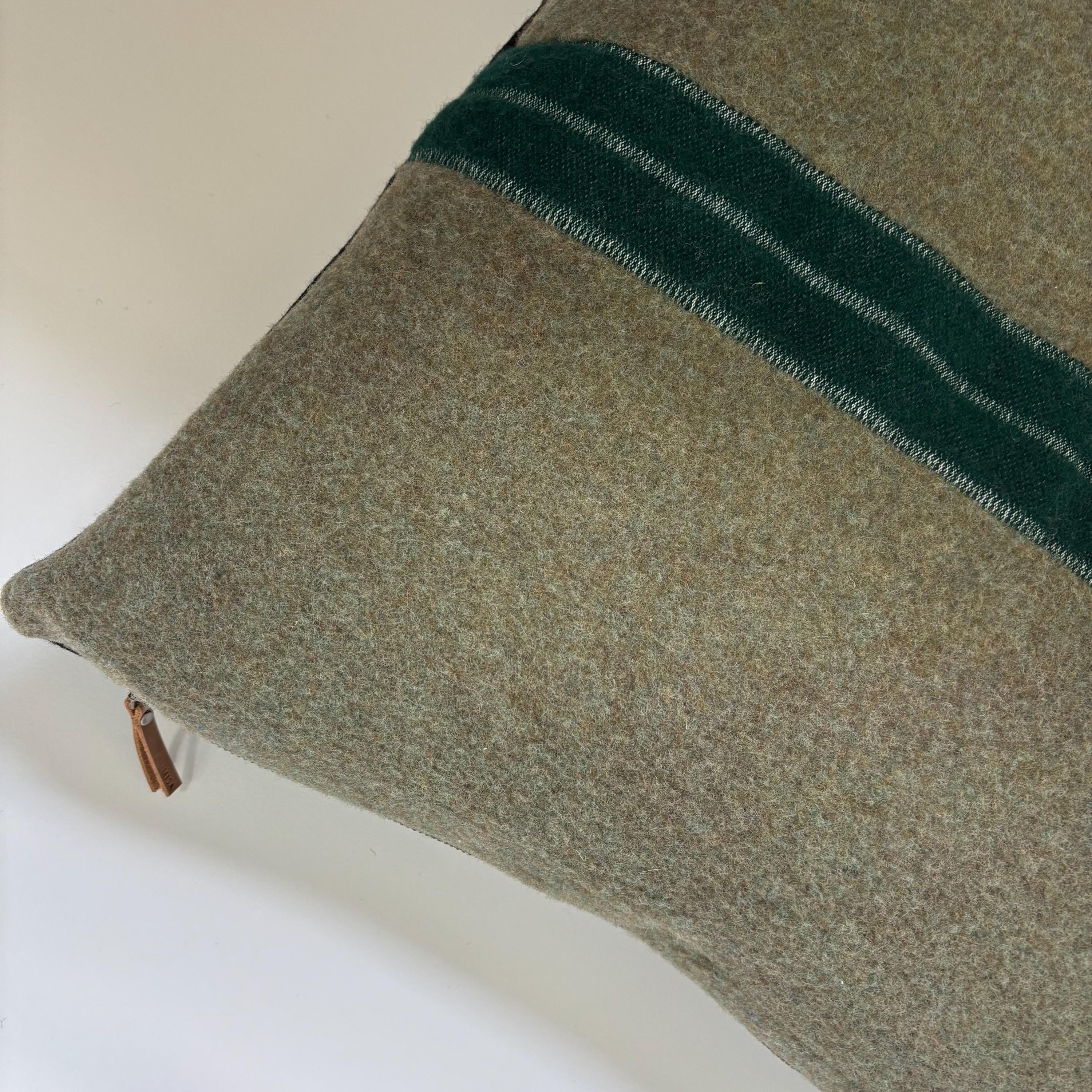 Green wool pillow: Green 18” Stripe, Leather Zipper Pull winter pillow housewarming gift