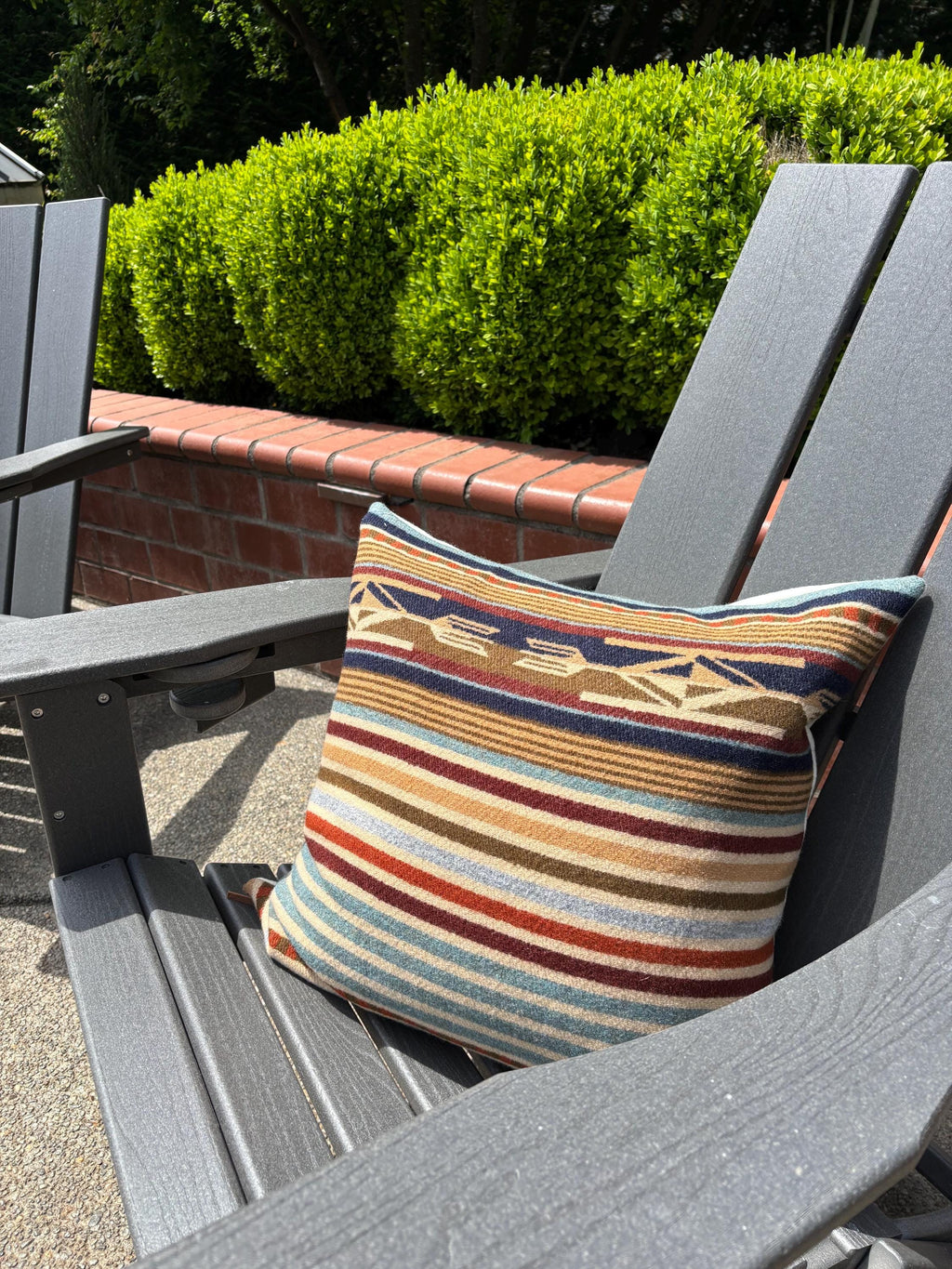Wool Pillow Cover: Tans and rust striped Aztec Design, Leather Pull (20x20)