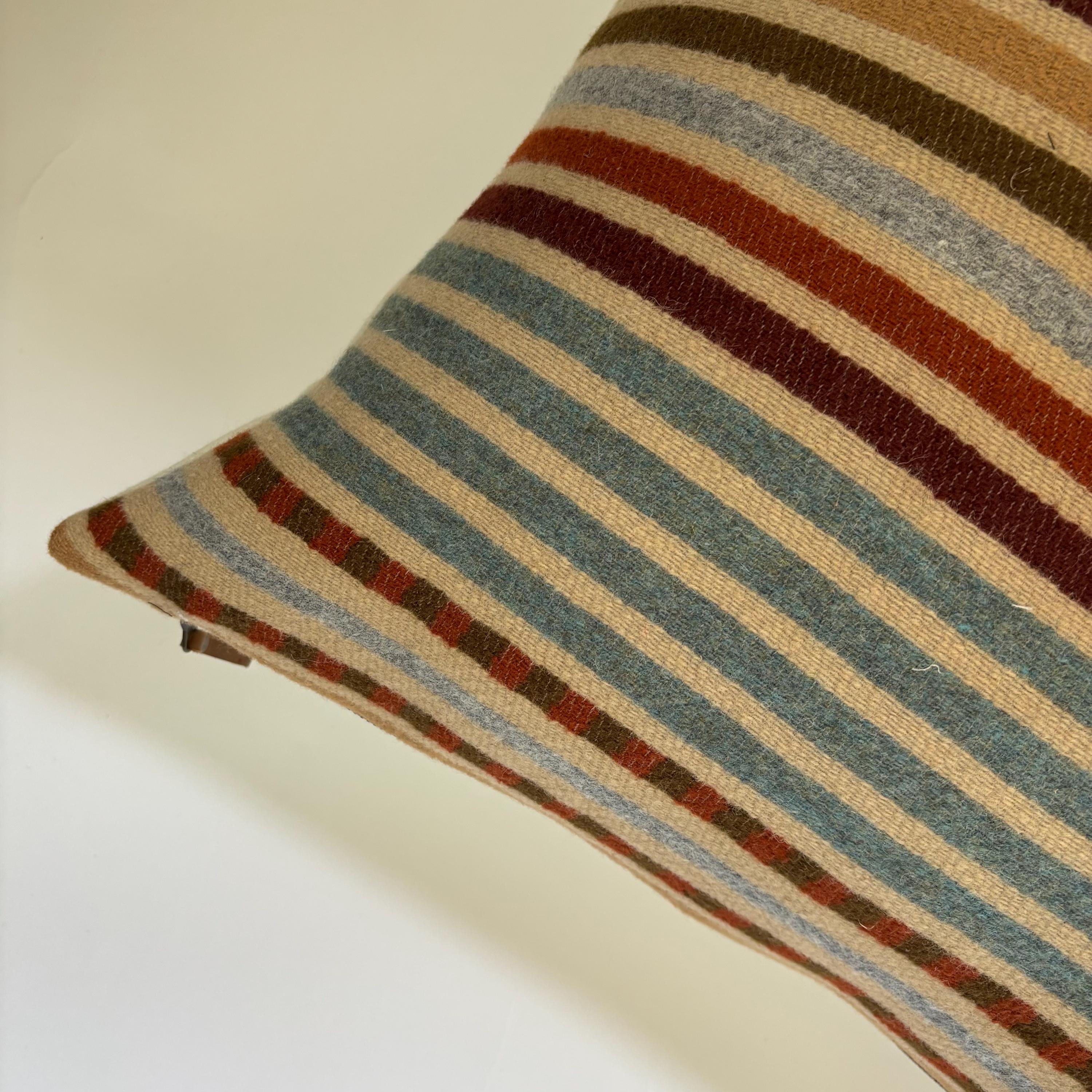Wool Pillow Cover: Tans and rust striped Aztec Design, Leather Pull (20x20)