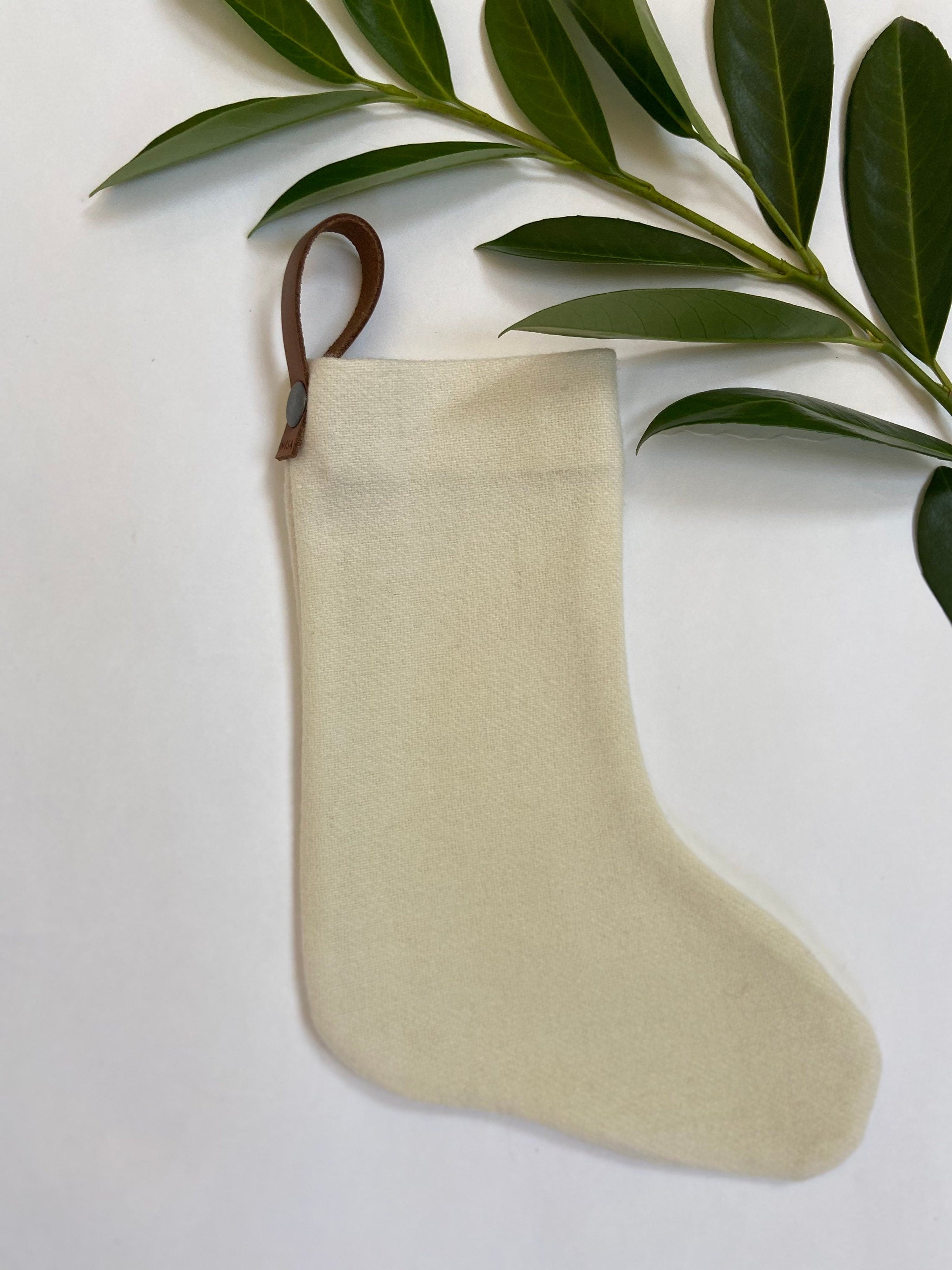 Christmas stocking cream wool baby puppy kitty mini stocking with leather hanging tabs  handmade