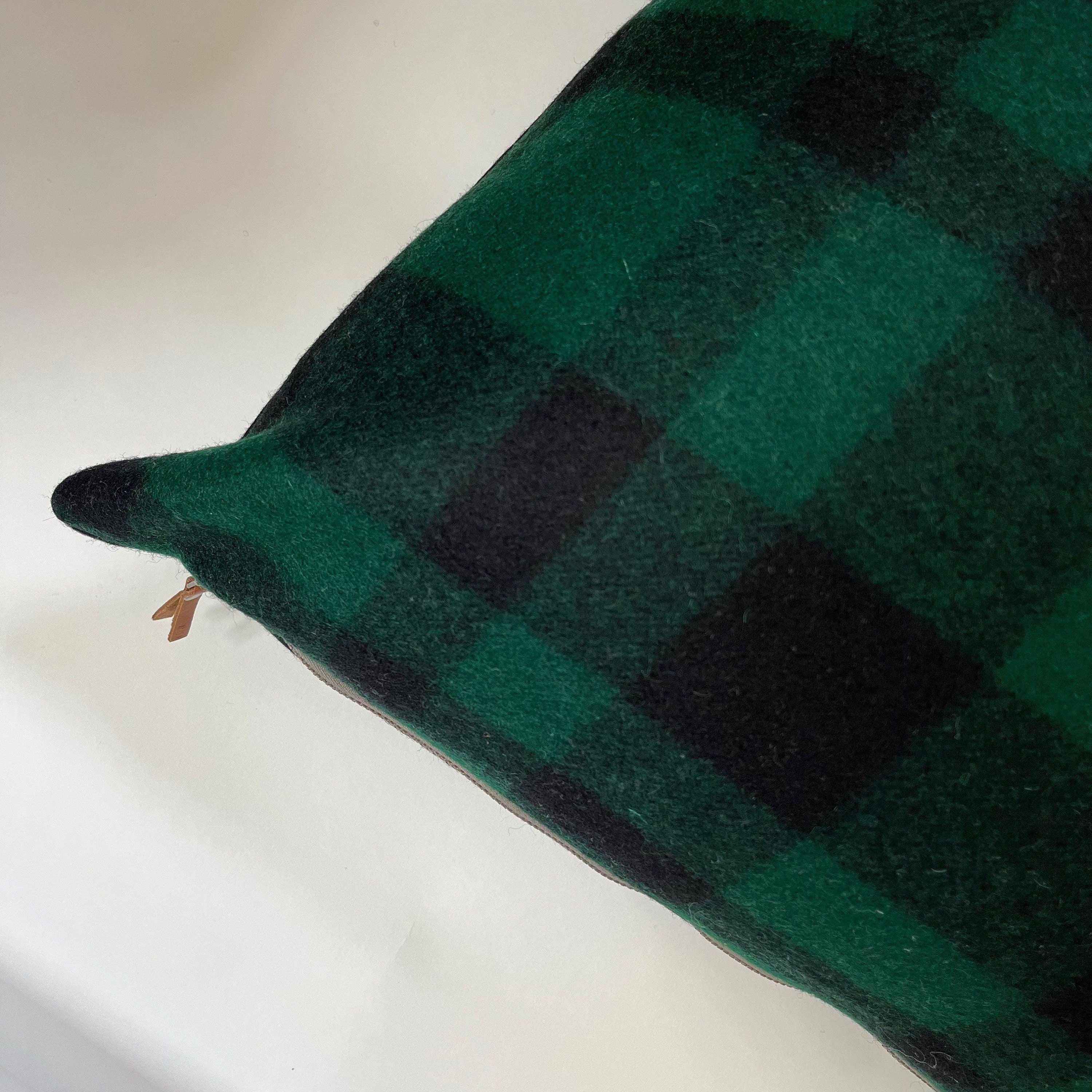 Green and Black buffalo plaid wool pillow cover exposed zipper-leather pull  20"22"24" 14x24 handmade Handcrafted by misa