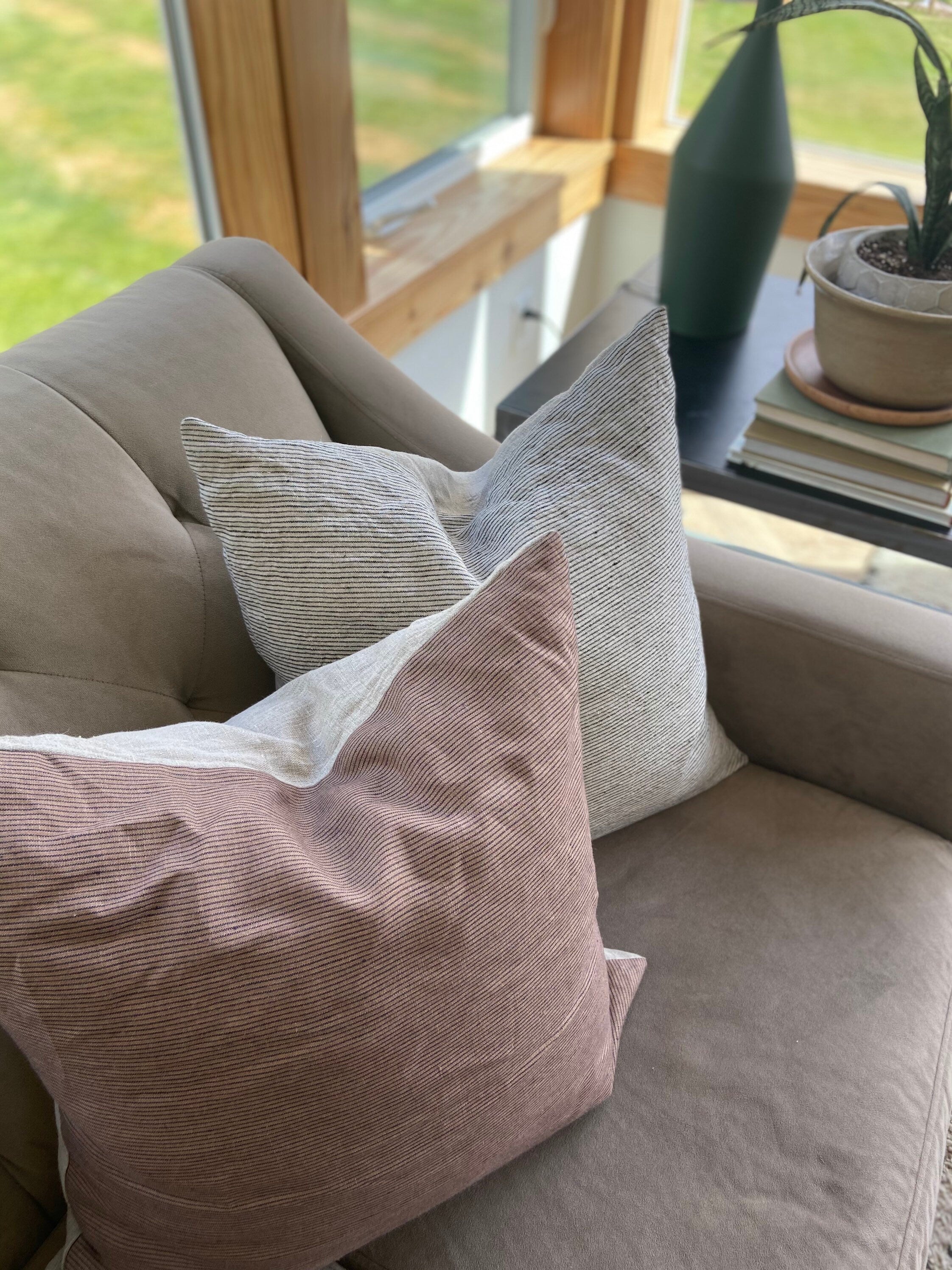 Brown and black striped linen pillow cover 100% linen exposed zipper-leather pull 14x24 20x20 24x24 high quality housewarming gift