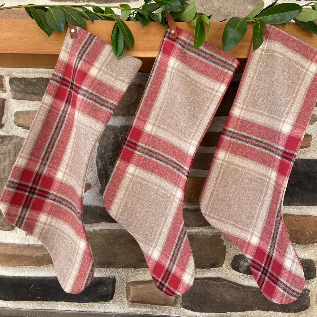 Wool christmas stocking baby/puppy Burnt red tan black plaid leather hanging tabs handmade