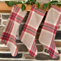 Wool christmas stocking baby/puppy Burnt red tan black plaid leather hanging tabs handmade