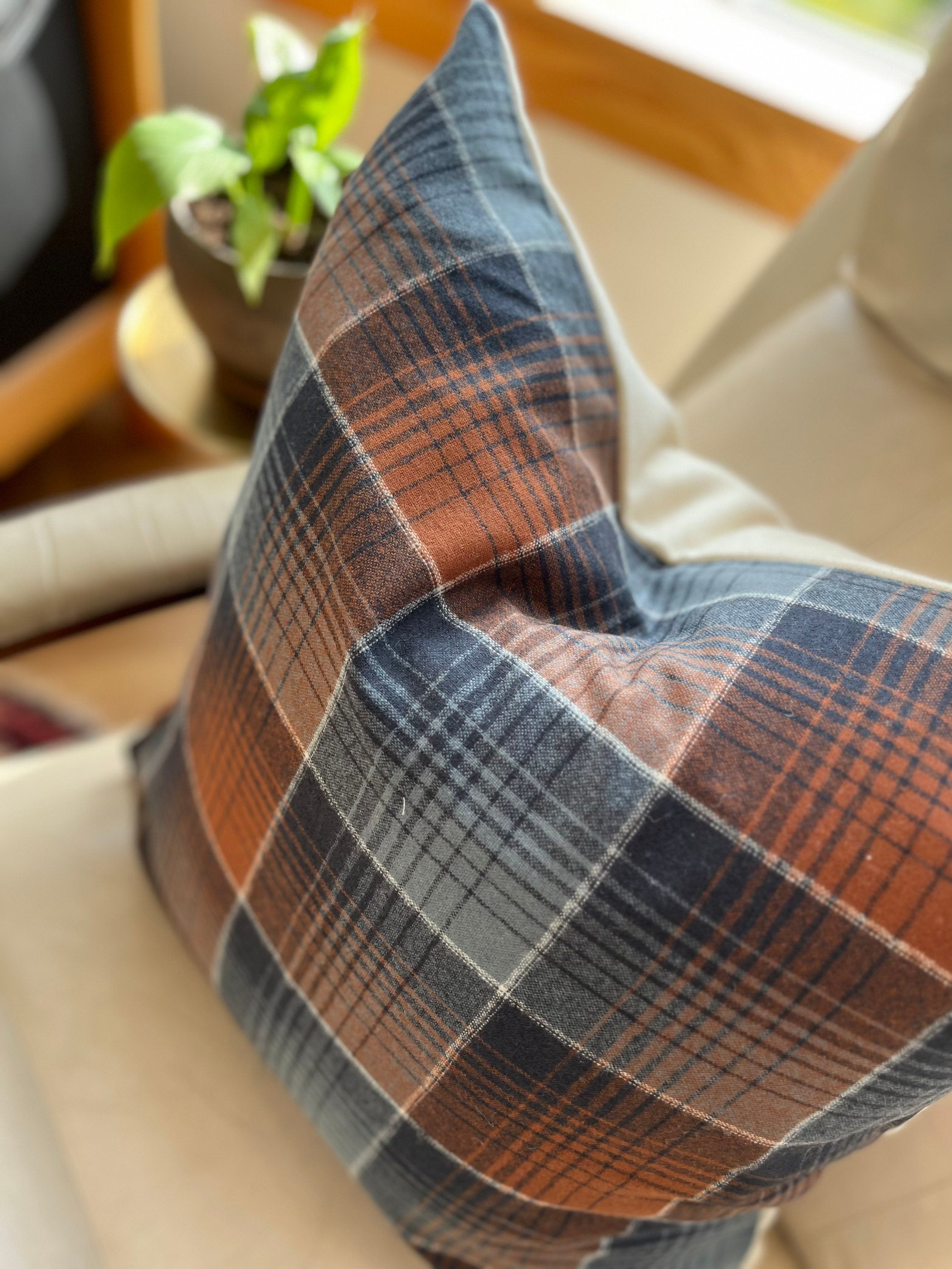 Blue and rust cream plaid wool pillow cover exposed zipper-leather pull 24x24 20x20 14x24 handmade
