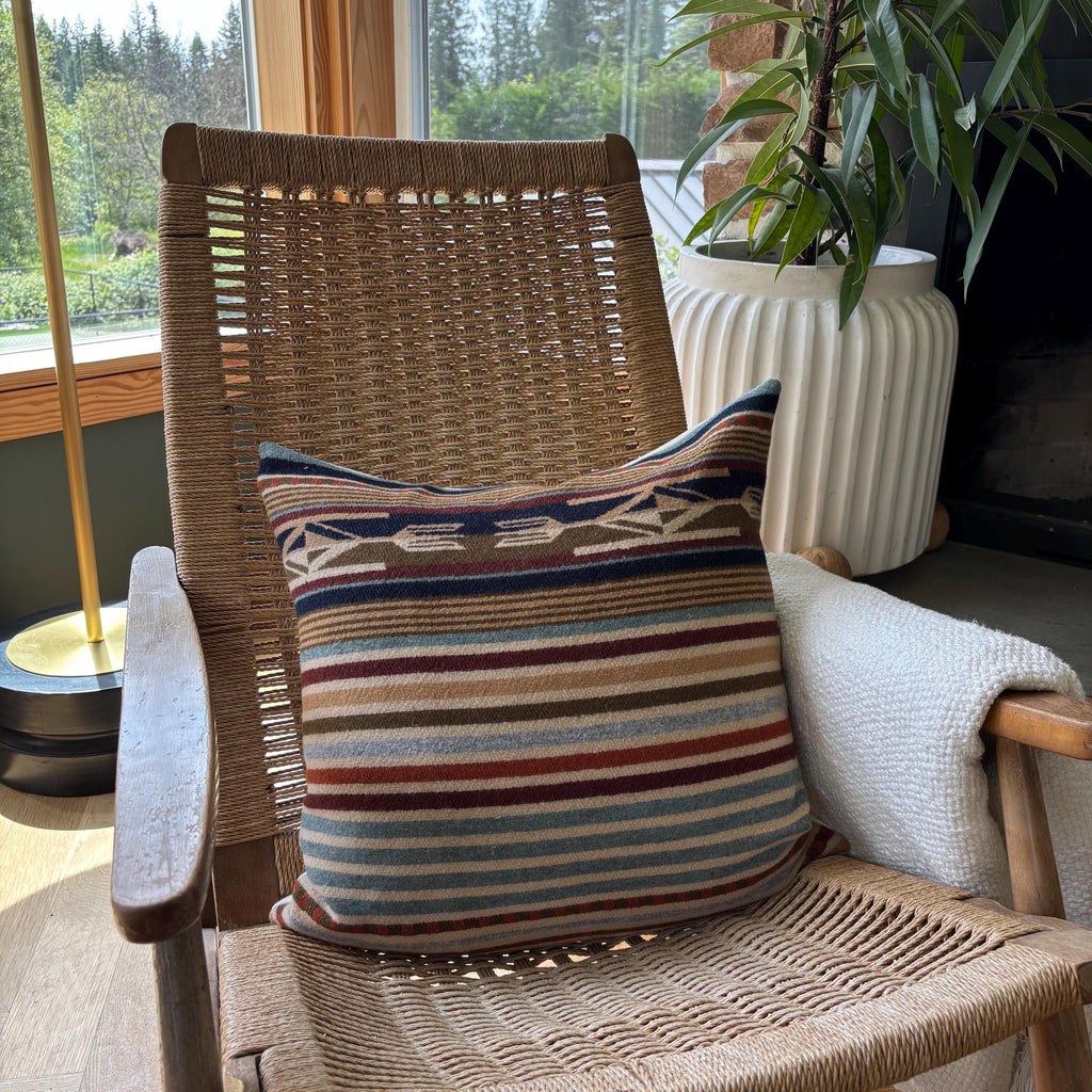 Wool Pillow Cover: Tans and rust striped Aztec Design, Leather Pull (20x20)