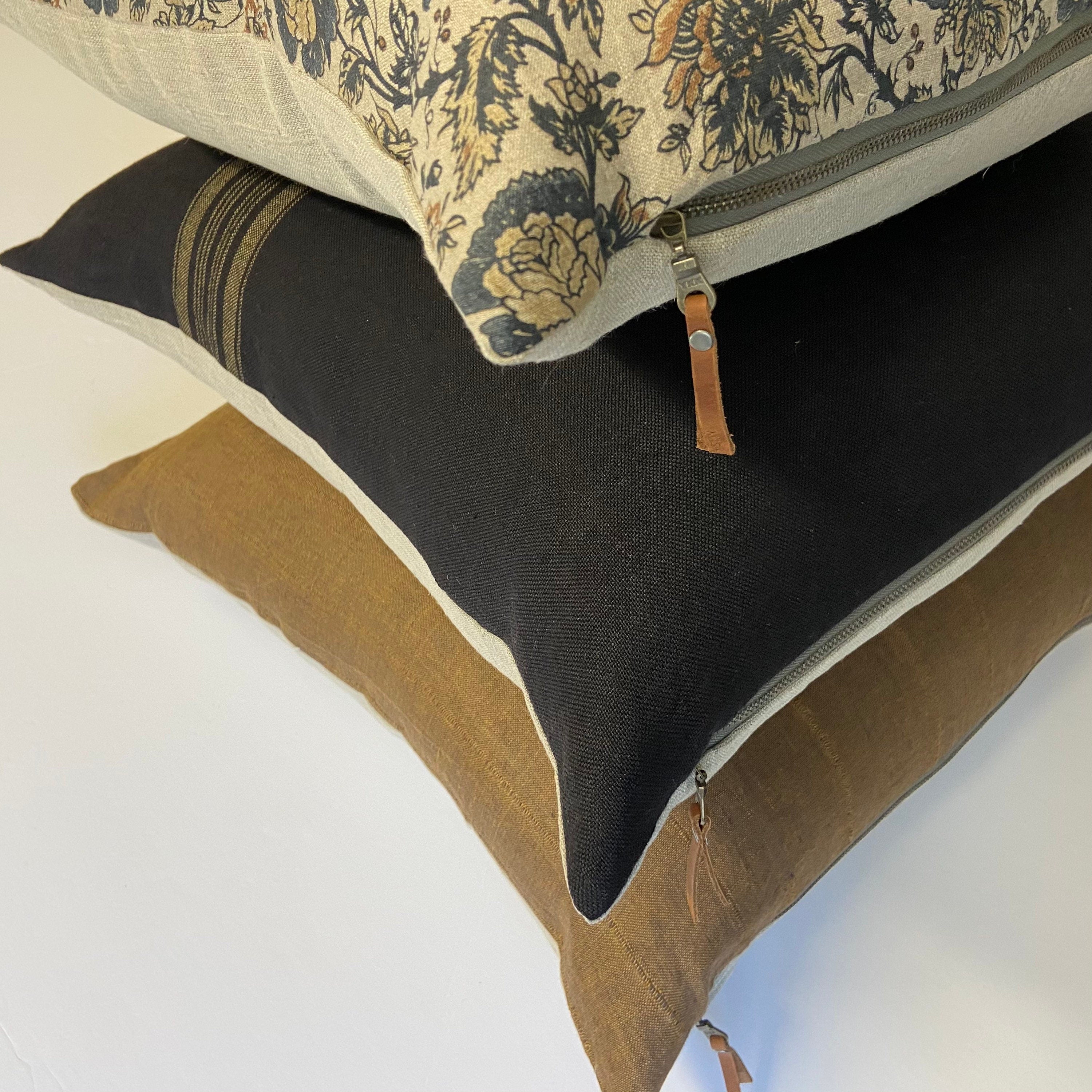 Gold with brown striped linen pillow cover 100% linen pillow exposed zipper-leather pull 14x24 20x20 high quality housewarming gift