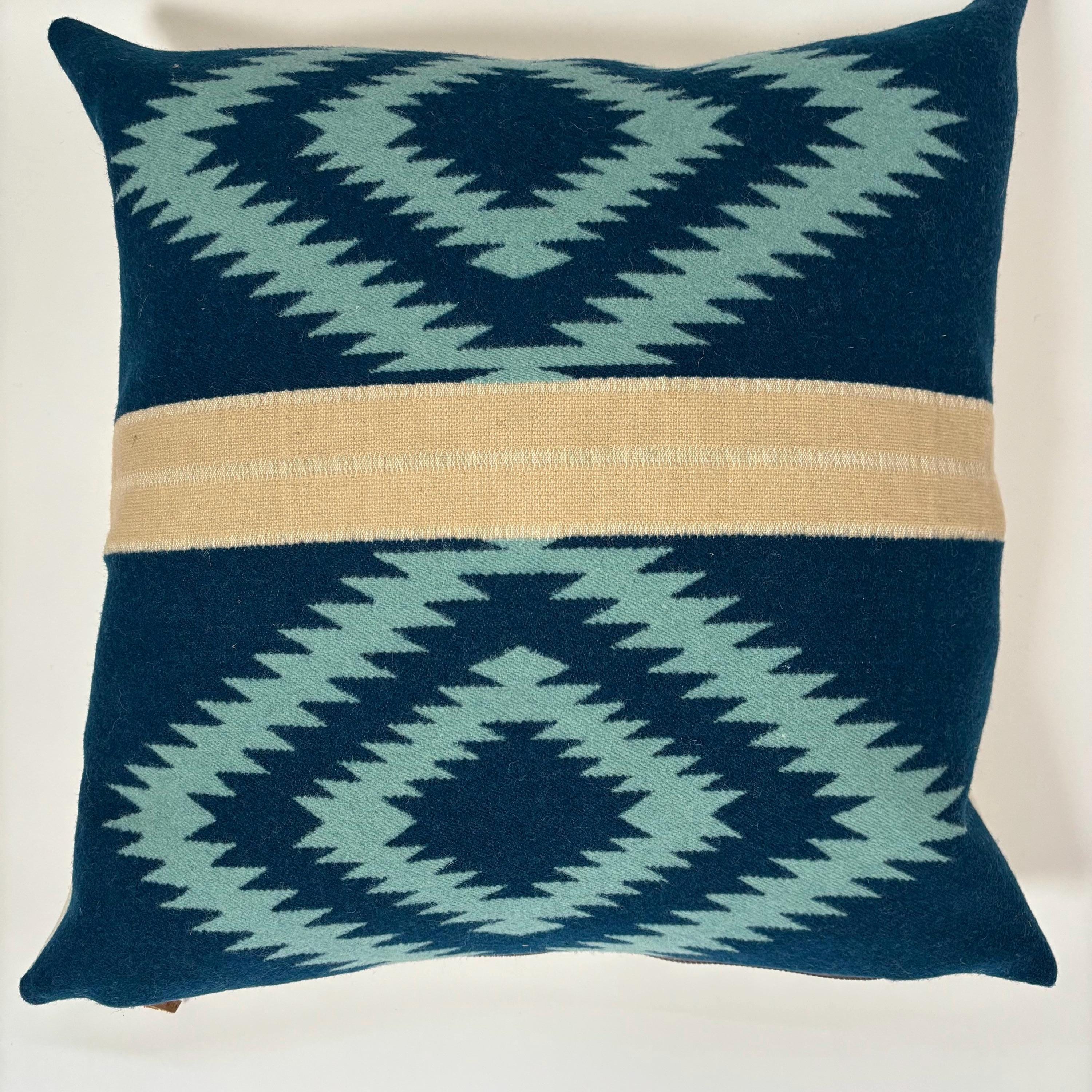Wool Pillow Cover: Blue and cream Aztec Southwestern Design, 18x18”
