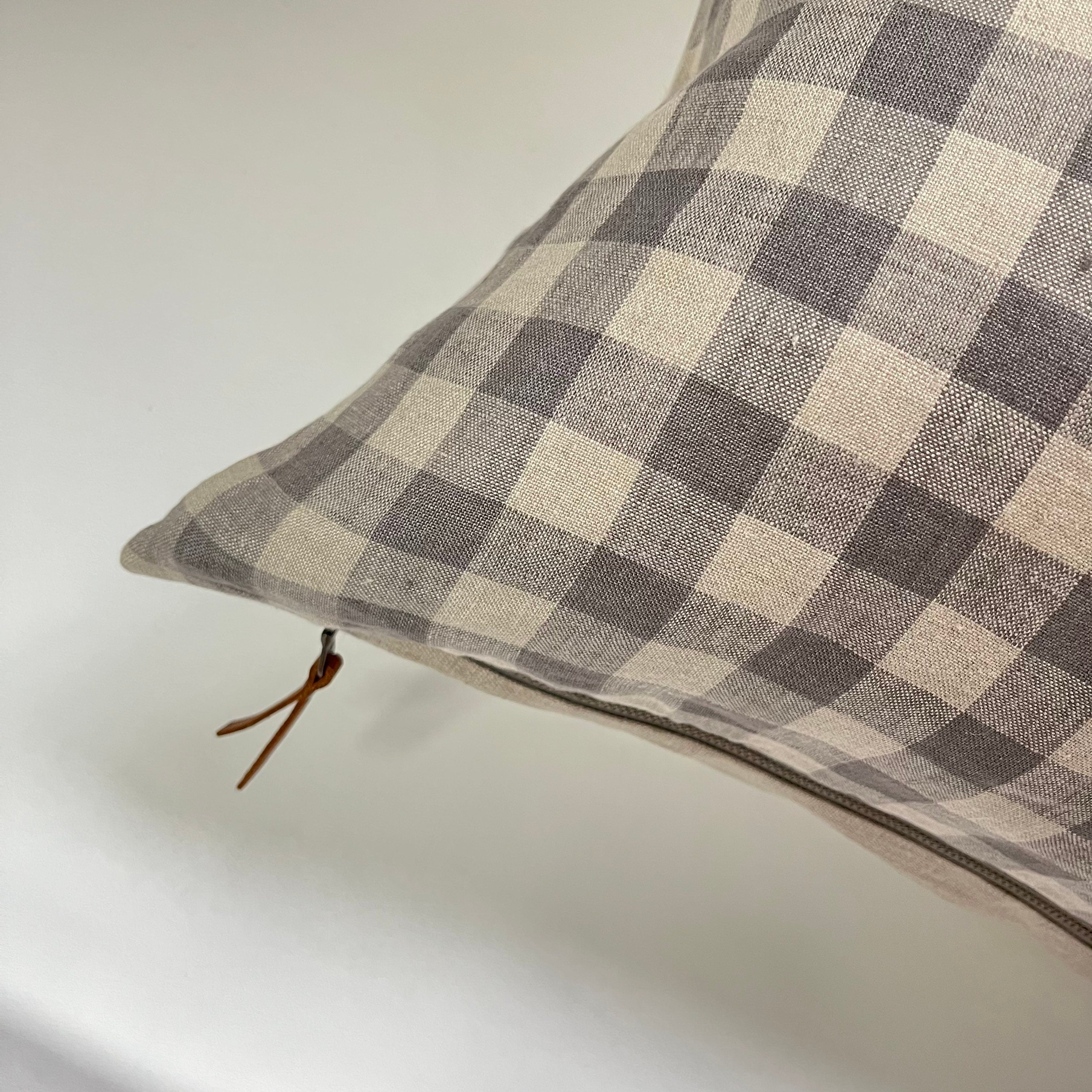 Gray linen gingham pillow exposed zipper checkered pillow leather pull 24x24” 22x22" 20x20” 14x24” 100% linen housewarming gift