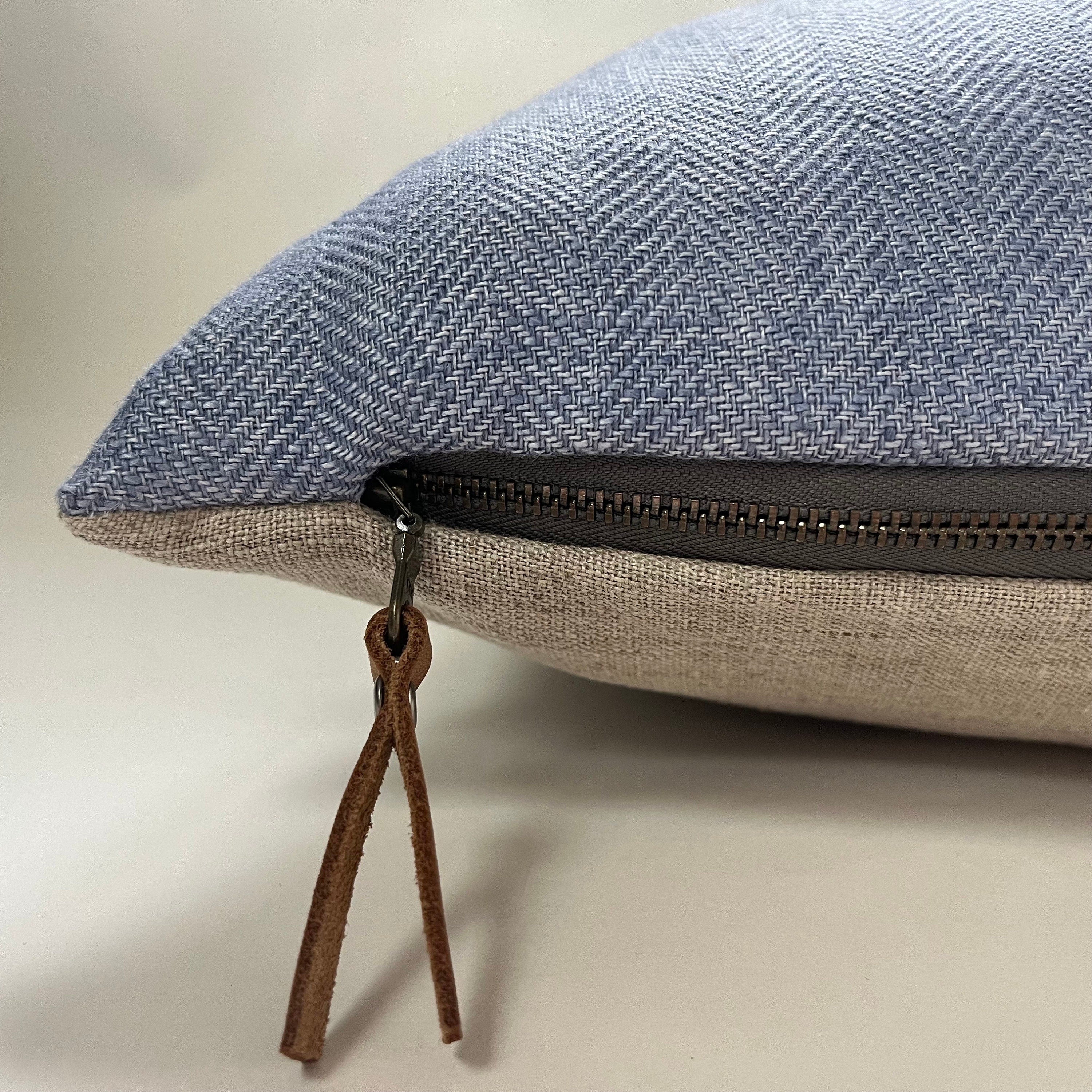 Handcrafted Blue Linen Pillow Cover: Exposed Zipper, Leather Pull