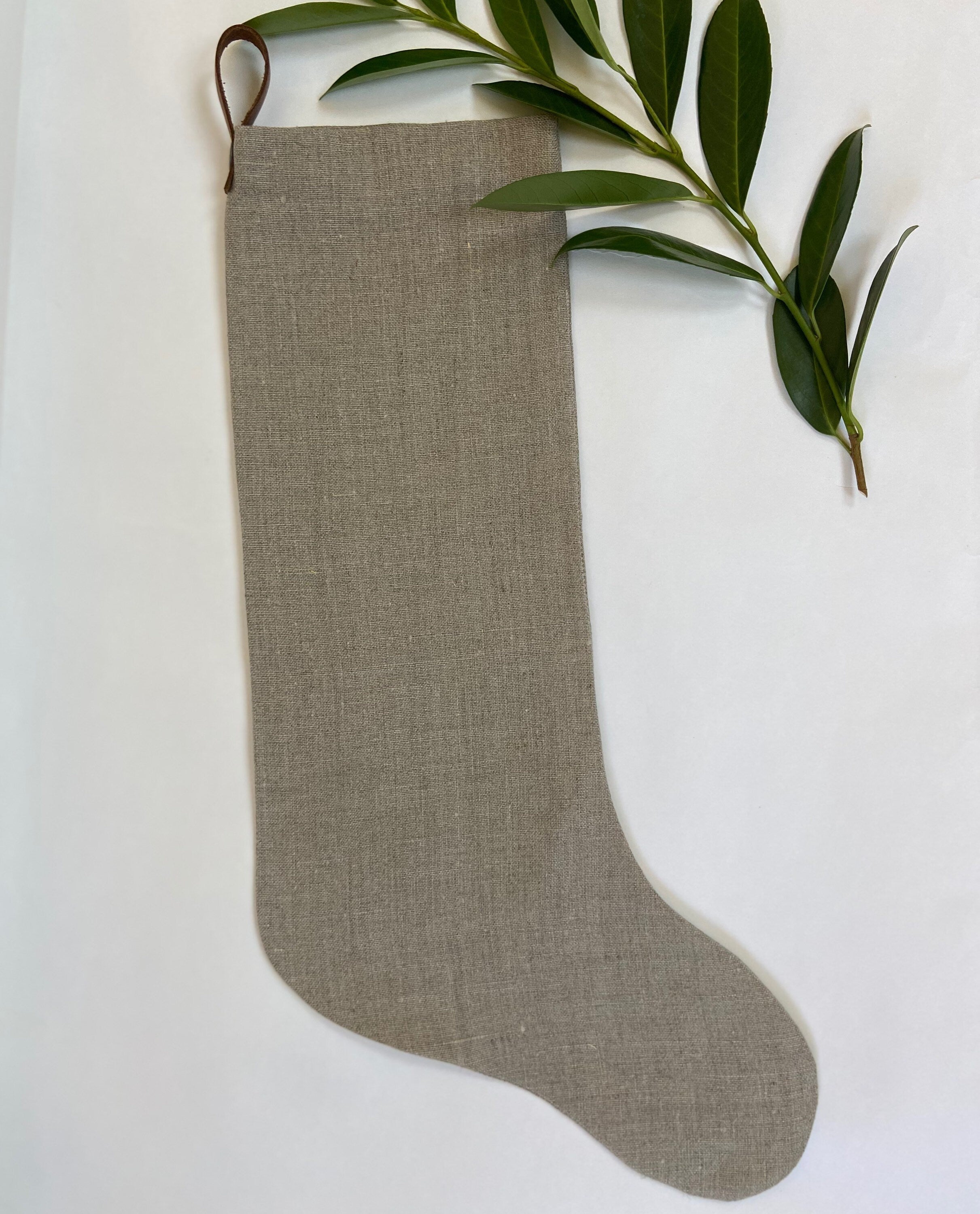 Christmas stocking natural linen tan neutral linen leather hanging tabs handmade and hand stitched |high quality many available