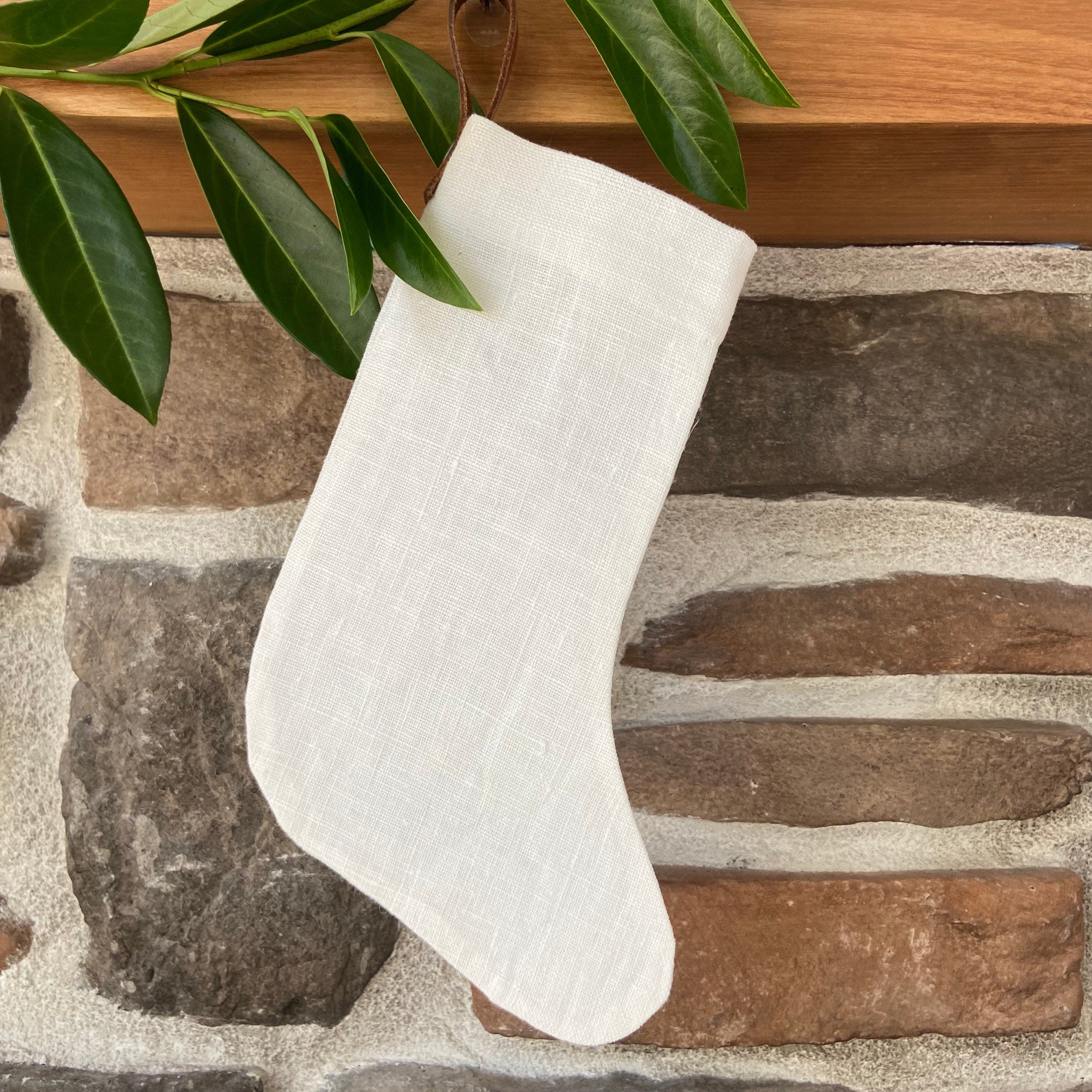 Christmas stocking white linen baby dog cat mini linen stocking with leather hanging tabs hand stitched high quality linen