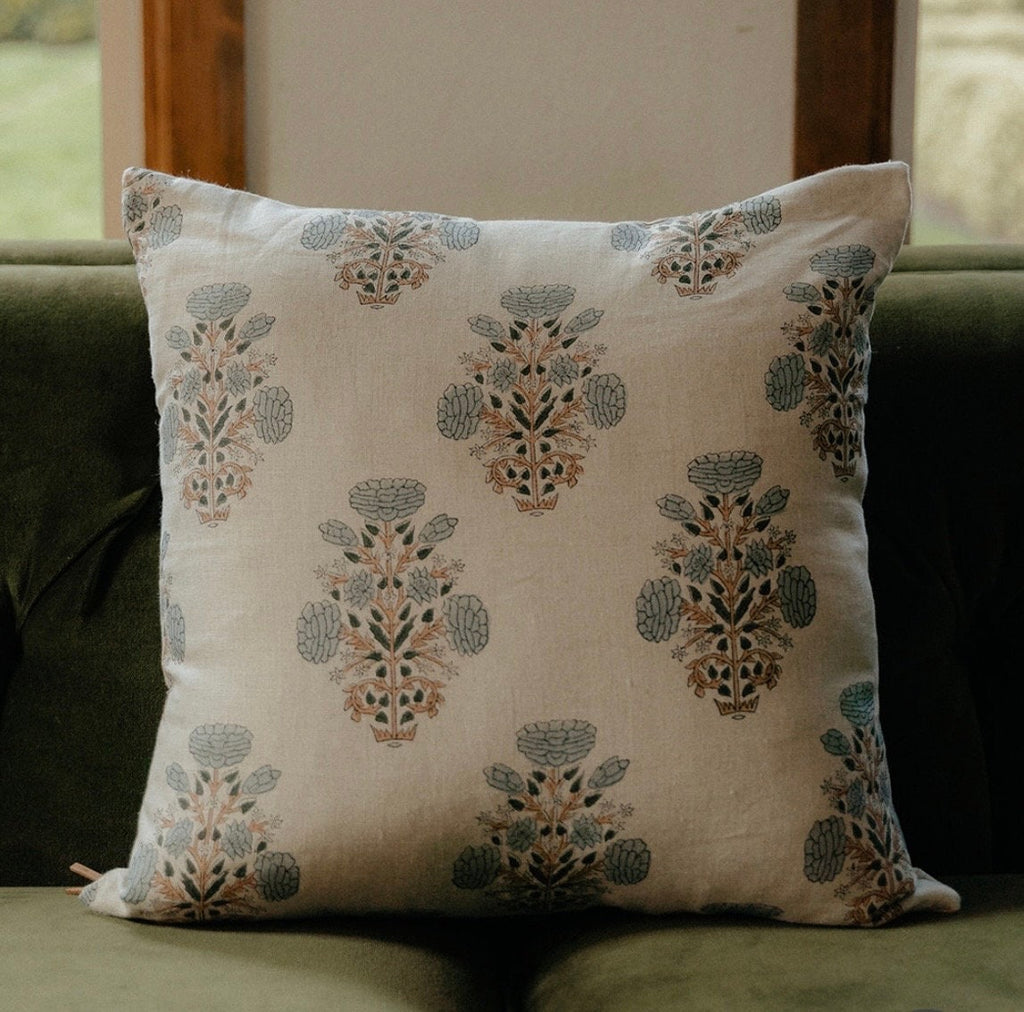 Blue Floral Linen Pillow Cover: Exposed Zipper, Leather Pull