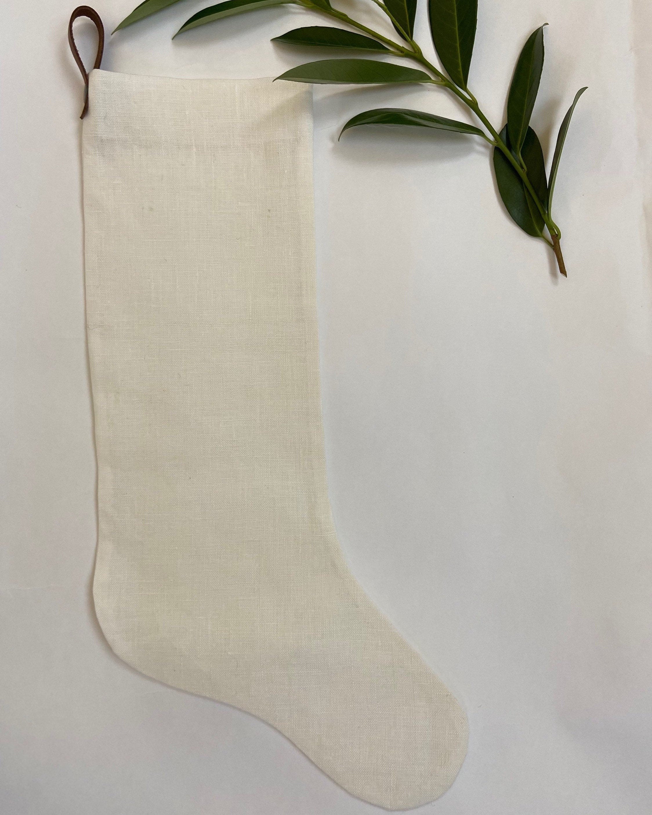 Christmas stocking white linen leather hanging tabs handmade handstiched high quality