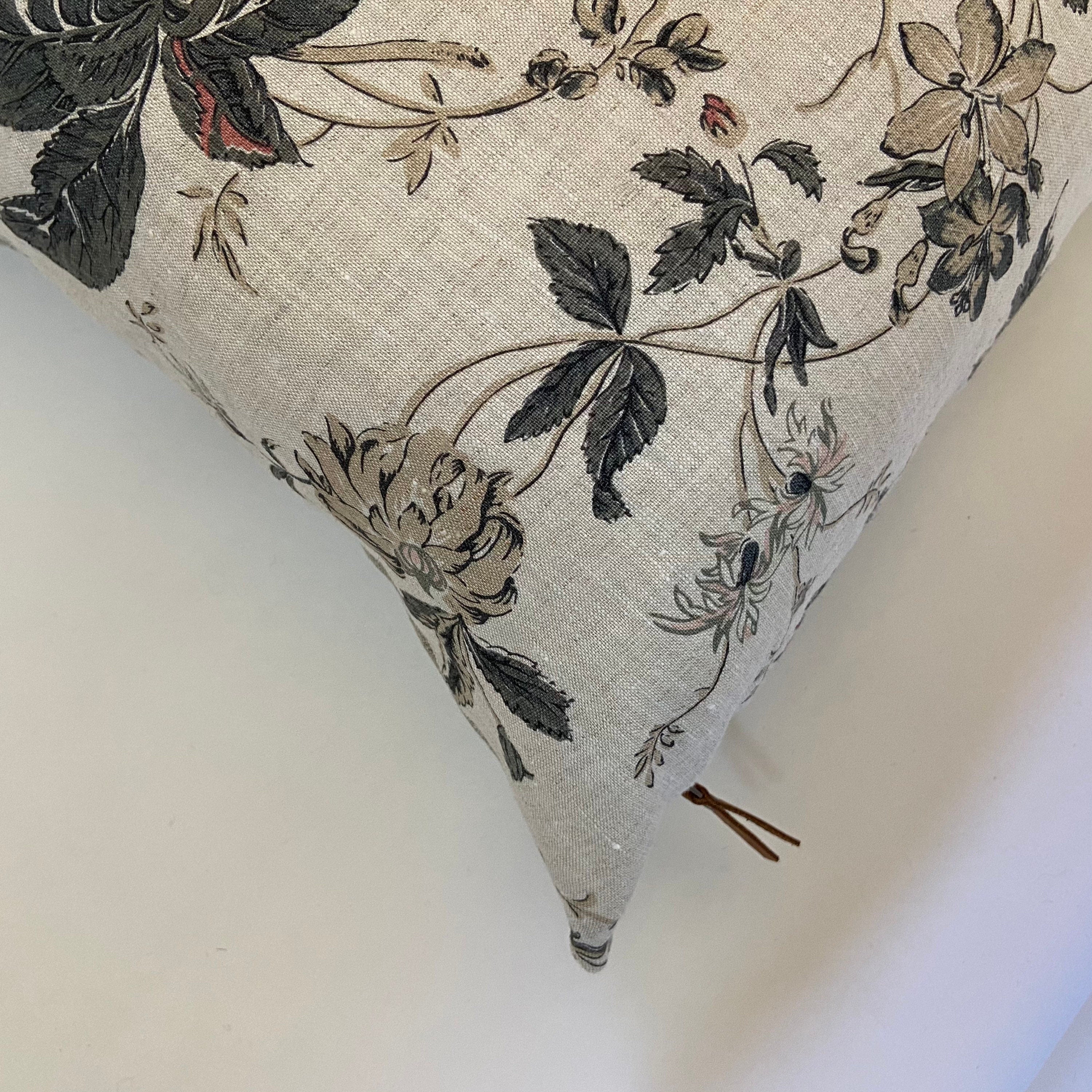 Pink floral linen pillow cover floral pillow exposed zipper-leather pull 14x24 20x20 22x22 24x24  high quality housewarming gift