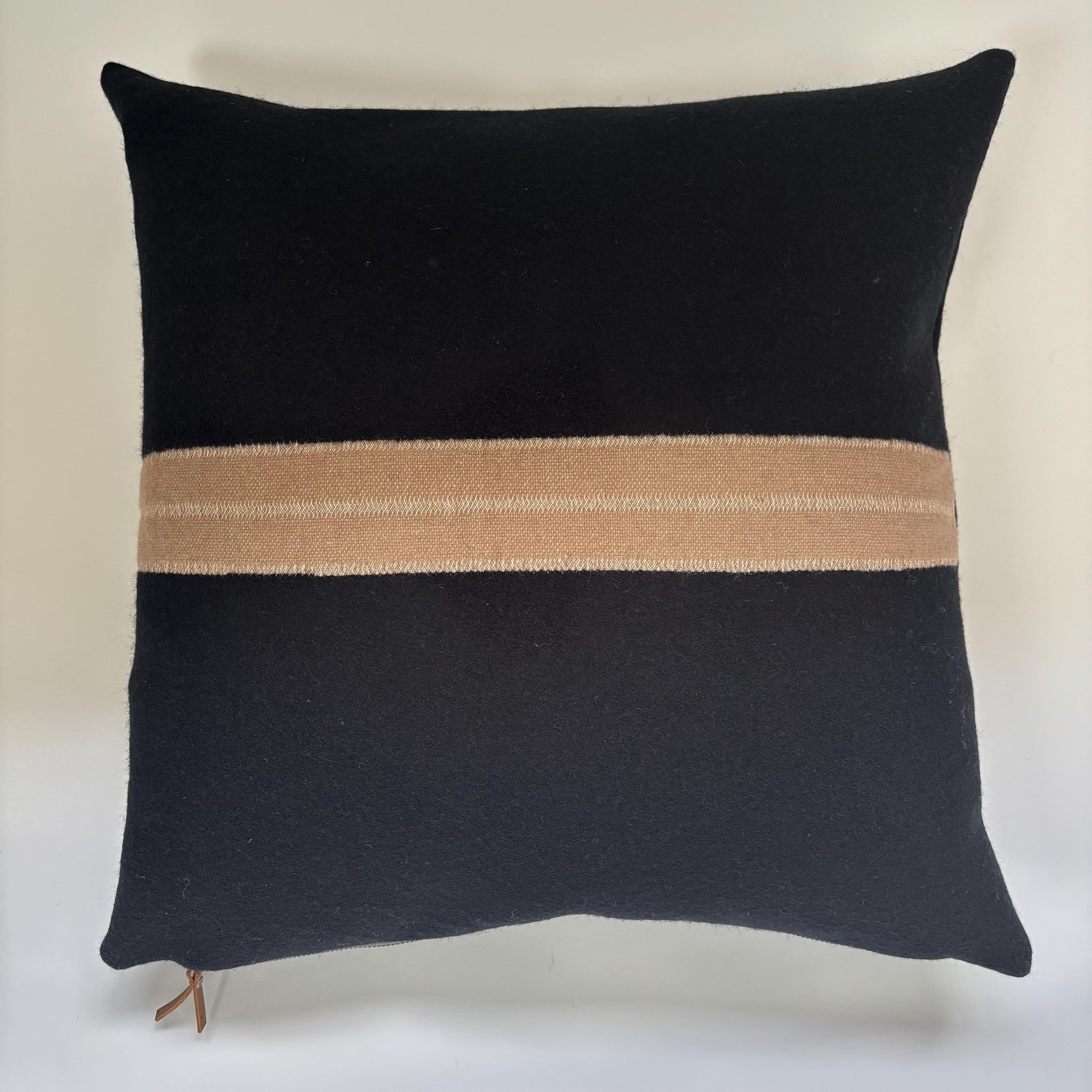 Black wool pillow with tan stripe 18” winter wool exposed zipper striped pillow housewarming gift
