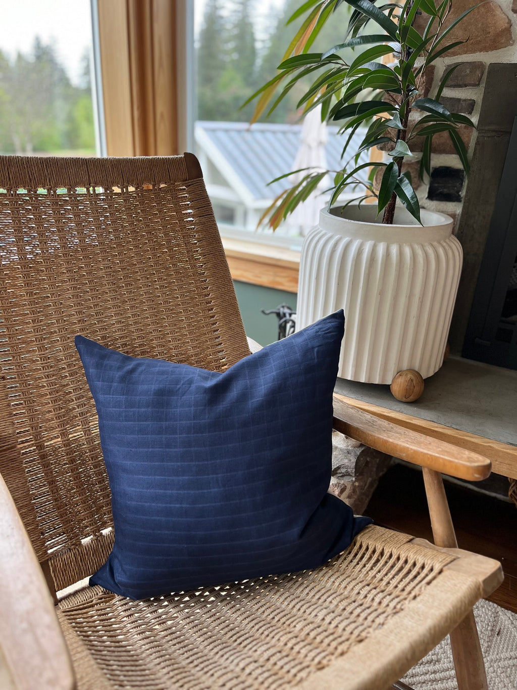 Navy Checked Linen Pillow Cover: Exposed Zipper, Leather Pull