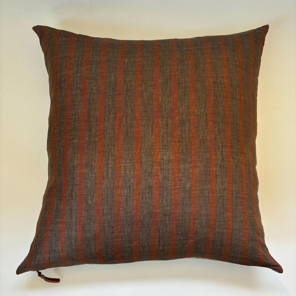 Handcrafted Striped Linen Pillow Cover: Brown Rust Accent, Exposed Zipper