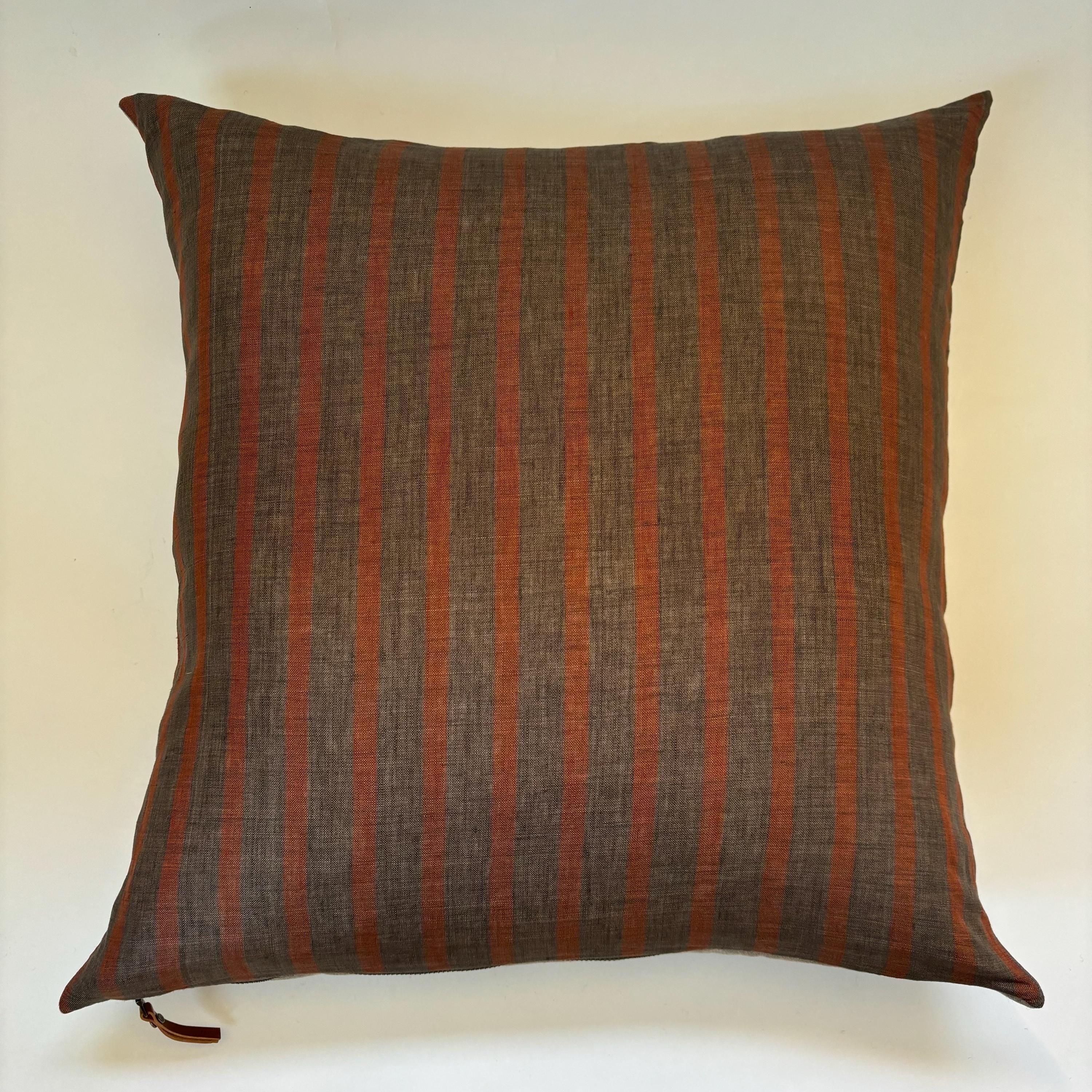 Handcrafted Striped Linen Pillow Cover: Brown Rust Accent, Exposed Zipper