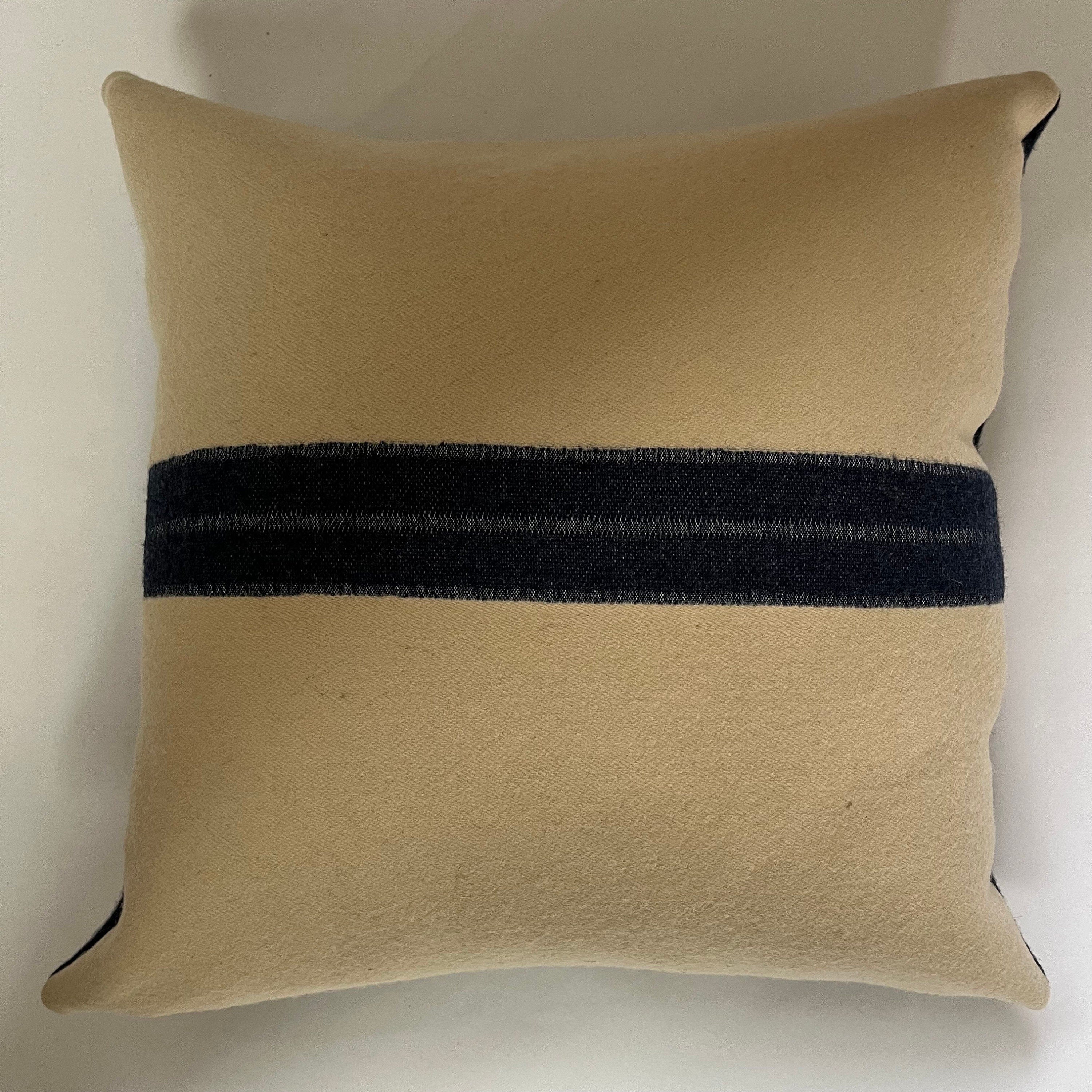 Cream wool pillow with blue stripe 18x18 exposed zipper pillow housewarming gift