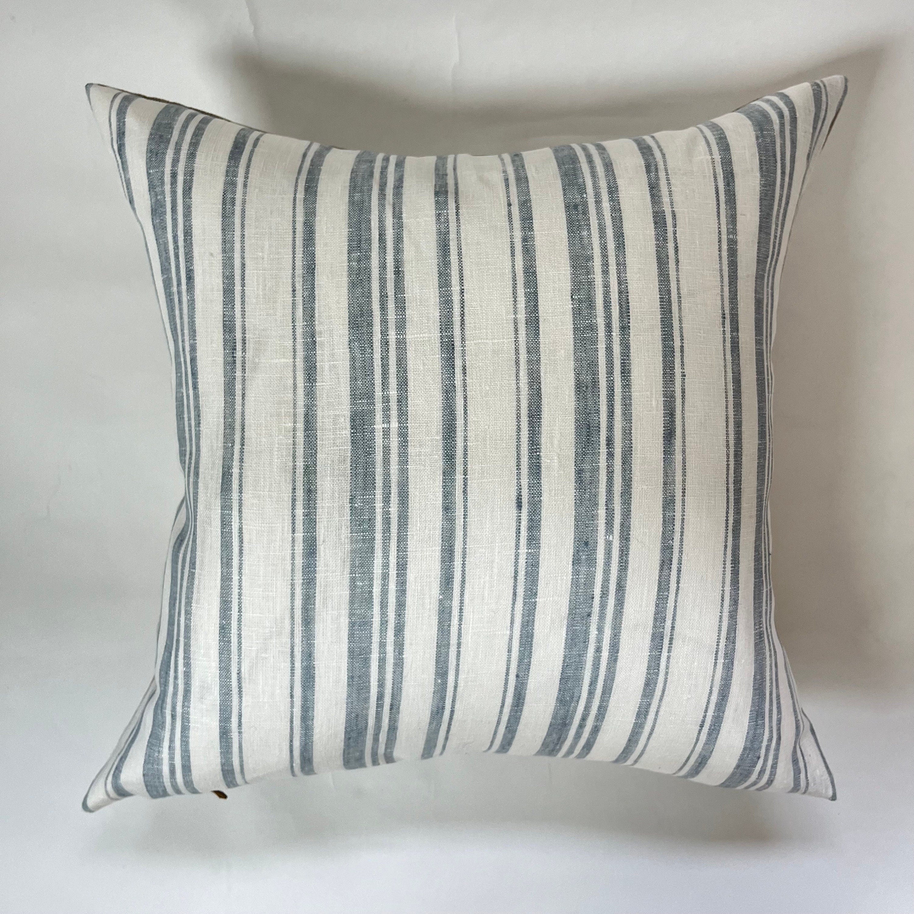 Blue Striped Linen Pillow Cover: 18x18 Decorative Throw Pillow