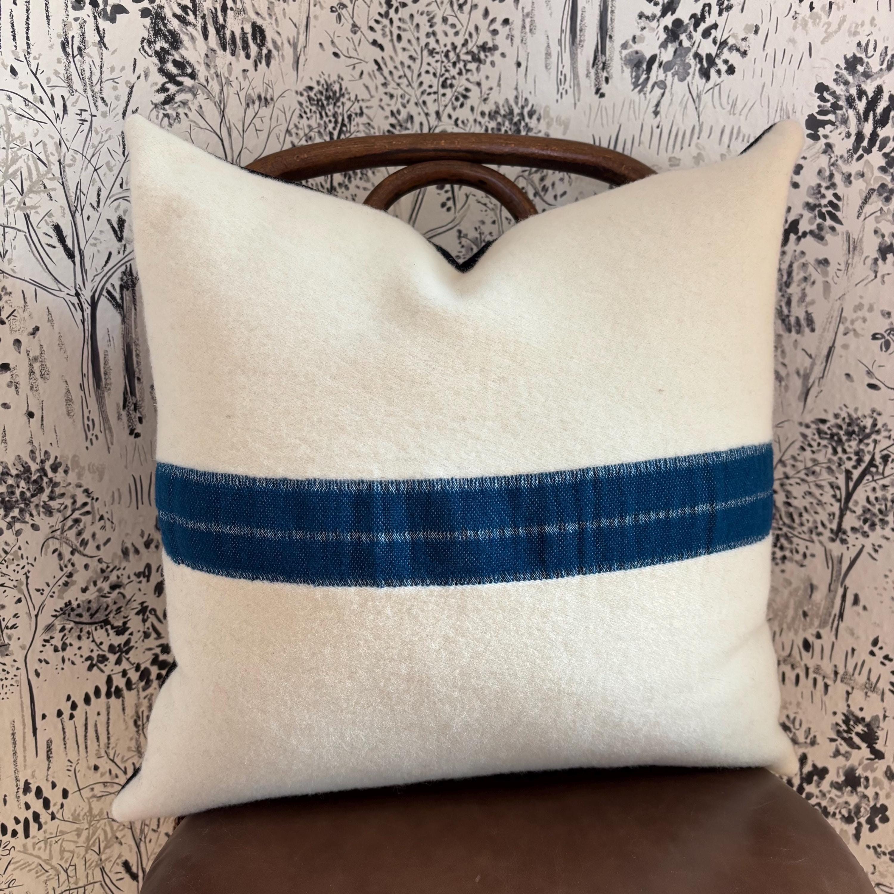 Handcrafted Cream Wool Pillow: Turquoise Stripe, Leather Zipper Pull
